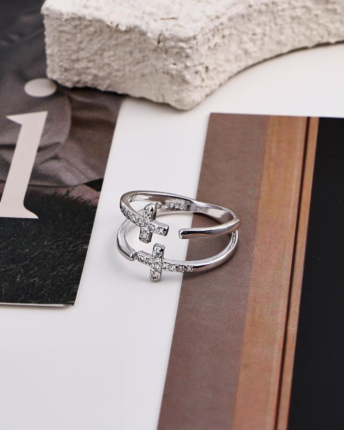 Sterling Silver Cross Ring for Women - Adjustable Open Ring with Double Cross & Zircon Design, Stackable Statement Jewelry - Image 6