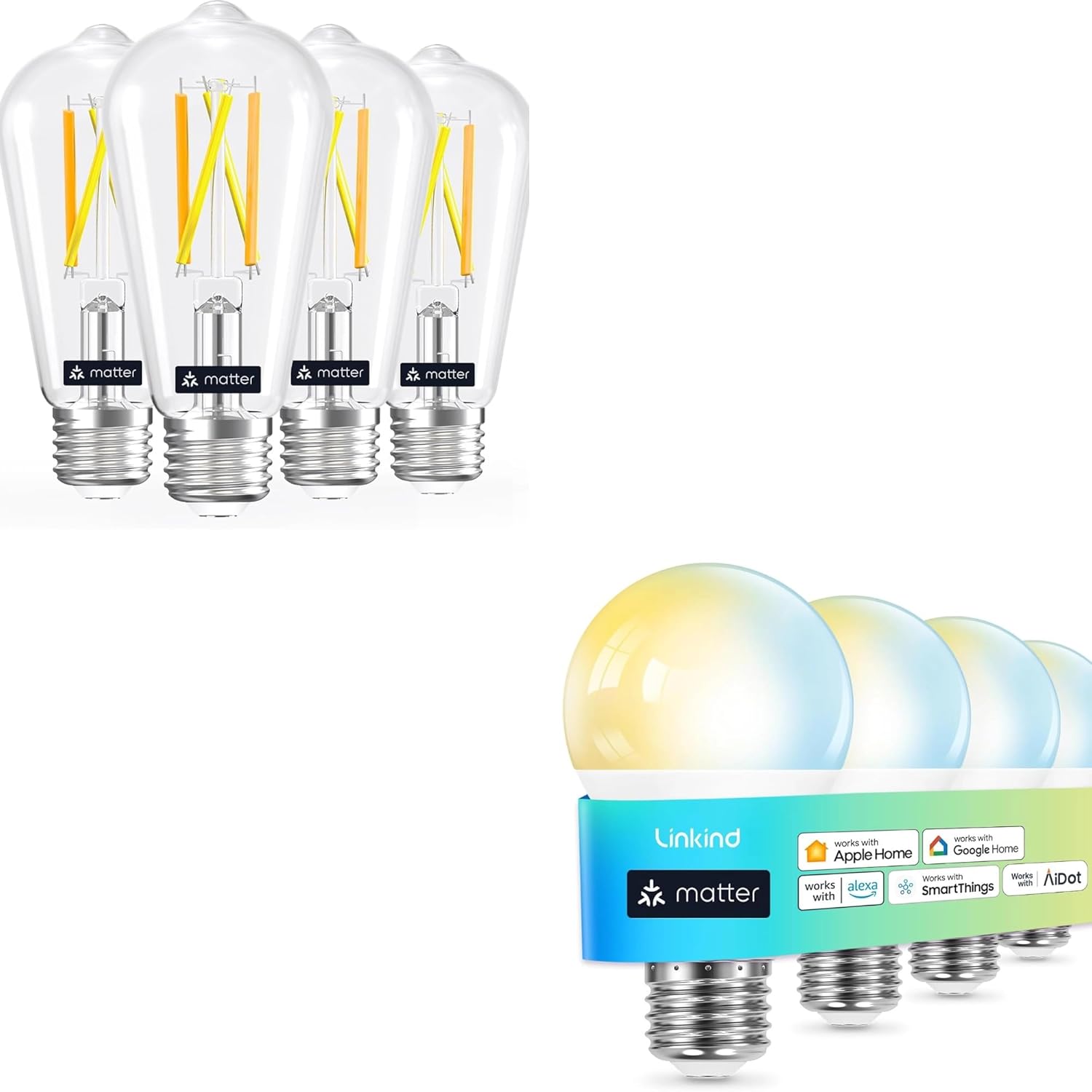 Matter ST58 Smart Edison Bulbs 4 Pack Bundle with Matter A19 Tunable White Smart Light Bulbs 4 Pack, Work with Apple Home, Alexa, Google Home