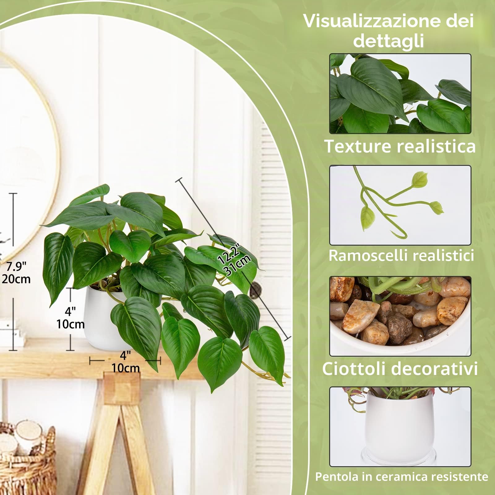 Hollyone Piante artificiali in vasi di ceramica, finte piante decorative in vaso di giada pothos, piante realistiche da interni per decorazioni per la casa, cucina, decorazioni per ufficio