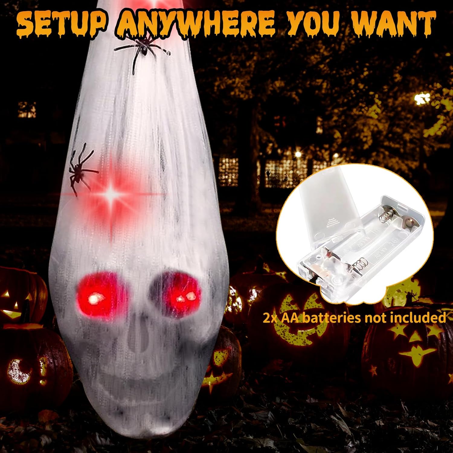 Halloween Decorations Outdoor 2 Packs Hanging Skull Decor Indoor Scaring Skull with Light up Eyes Spider Web Haunted House Hanging Skeleton Ghost for Yard Tree Decors Halloween Party Decor