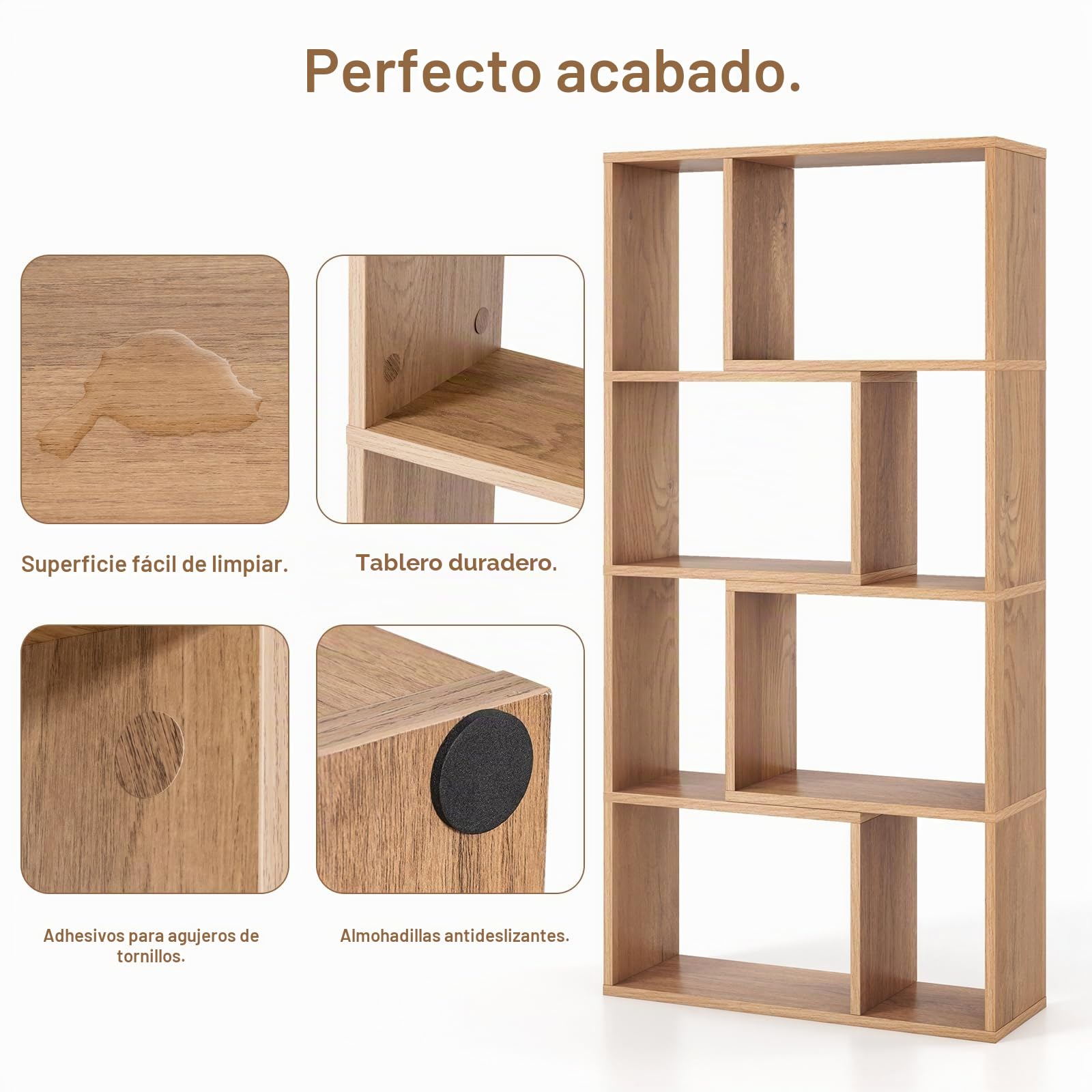 HOMASIS Librería de Pared con 4 estantes, Estantería con Patas Antideslizantes y Dispositivo antivuelco, Estantería Cubo de Madera, Librería Separador para salón, Dormitorio, 60x20x120cm (Natural)