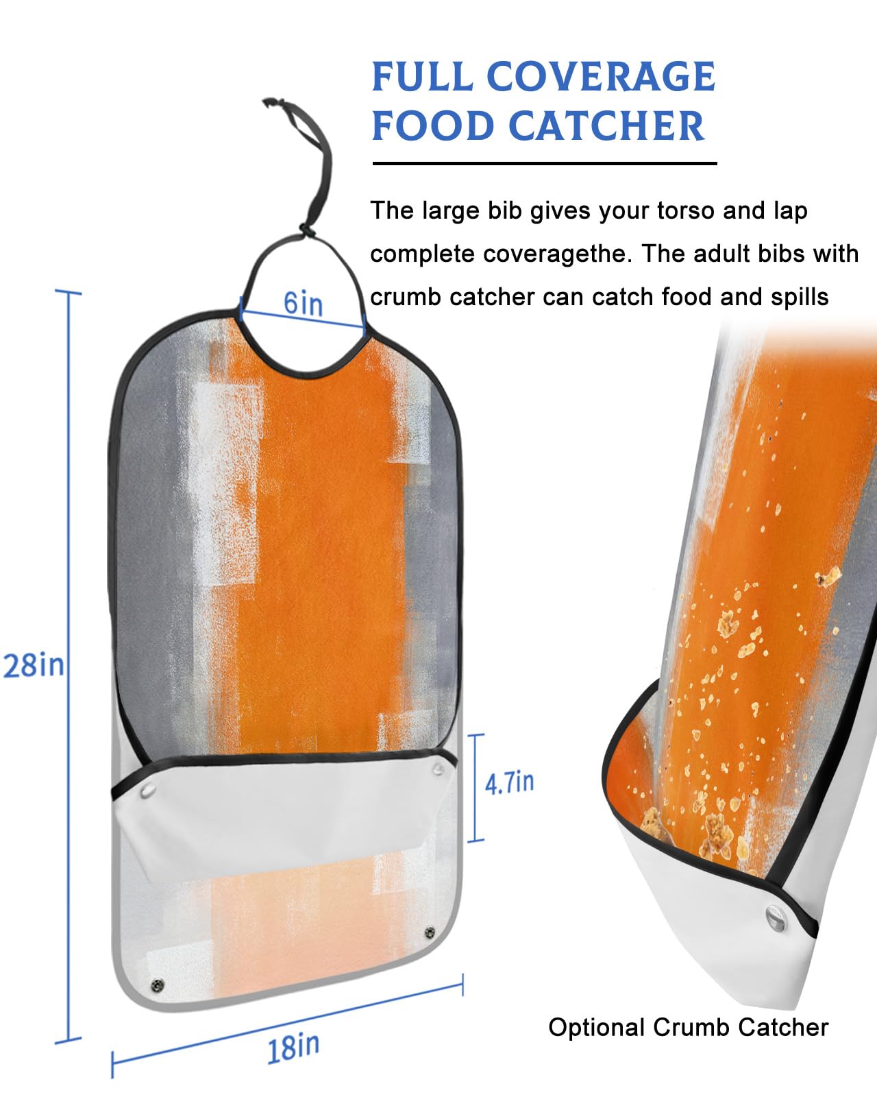 Orange Grey Adult Bibs for Eating, Waterproof Bibs with Food Catcher & Adjustable Snap Closure, Modern Oil Painting Ombre Abstract Aesthetics Clothing Protectors Adult Bibs for Elderly Women/Men