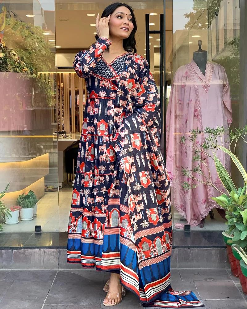 Greciilooks Women's Poly Rayon Animal Print Regular Kurta Set (Gl-W.Kurta Set-K2762&P184&D122_Black_2Xl)