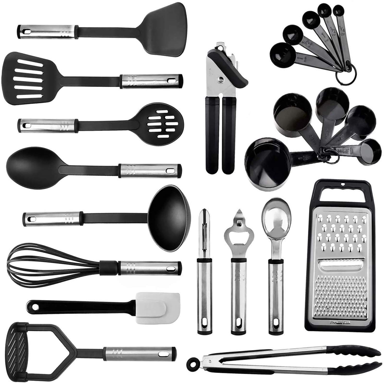 Kitchen Utensil Set 24 Nylon Cooking Utensils with Stainless Steel Handle Non-stick Heat Resistant Kitchen Gadgets Cookware Set BPA Free Non Toxic Including Turner Spatula Spoon Tongs Whisk