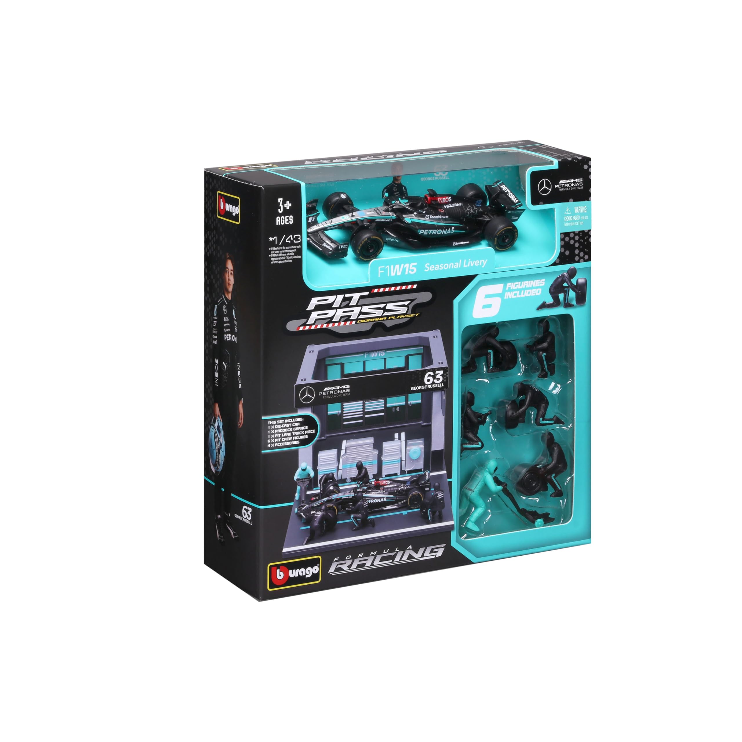 MERCEDES GP F1 W14 EQ PERFORMANCE DIORAMA GARAGE PIT-STOP TEAM AMG PETRONAS MOTORSPORT N 63 SEASON 2023 GEORGE RUSSELL WITH CREW FIGURE AND ACCESSORIES BLACK SILVER GREEN