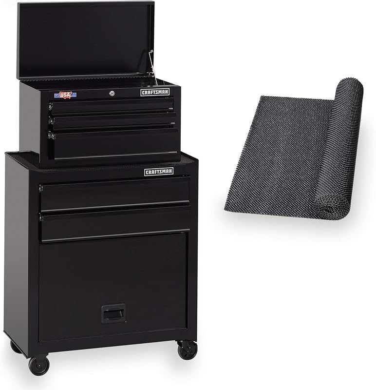 Combo de caja de herramientas con rollo de revestimiento para cajones, 26 pulgadas, rodante, 5 cajones, negro (CMST82763BK)