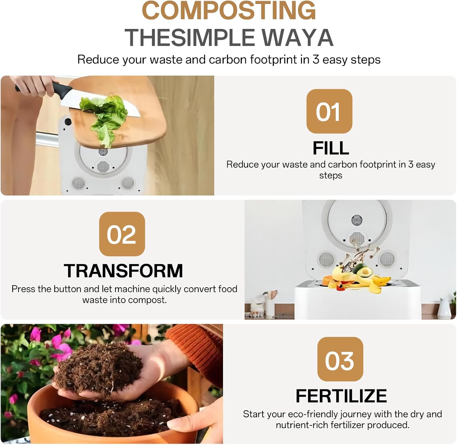 3.3L Electric Composter for Kitchen Smart Compost Bin Indoor with Intelligent LED Display High Temperature and UV Sterilization Odor Removal One Click Turn Food Waste to Fertilizer