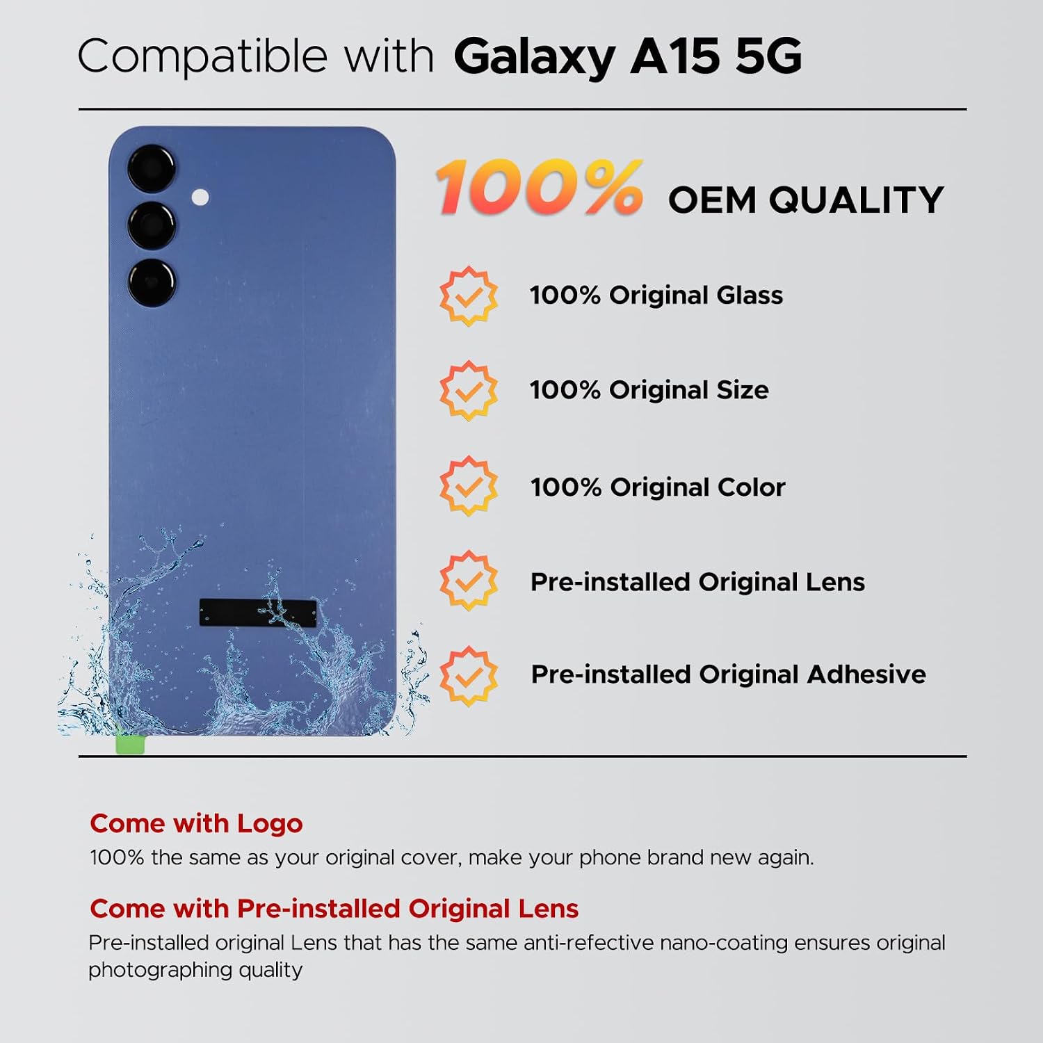 GREEN FUSION Galaxy A15 5G Back Cover Replacement – Compatible with SM-A156U/U1/P/B/W, with Pre-Installed Camera Lens, Adhesive, Tools & Guide – Optimistic Blue