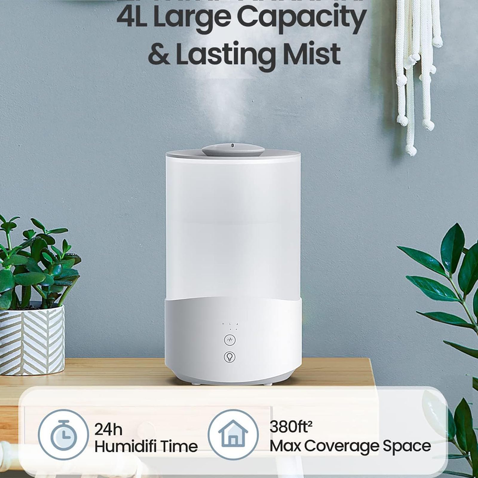 Nawilżacz Cool Mist 4L ze światłem LED i dyfuzorem oleju | Czas pracy 24 godziny, cicha praca na poziomie 24 dB, zbiornik 4 l, automatyczne wyłączanie, napełnianie od góry