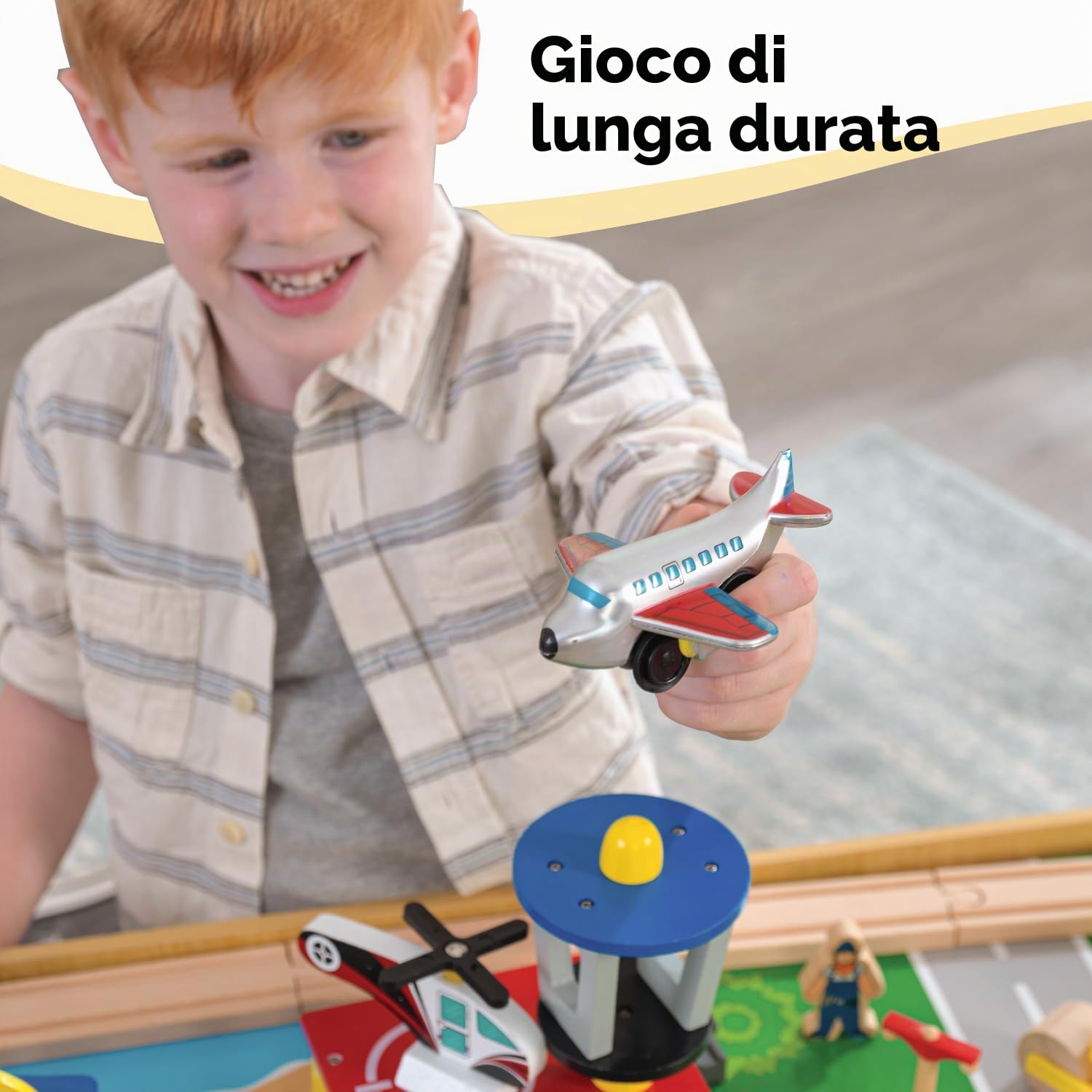 KidKraft Tavolo e Pista Trenino Waterfall Mountain in Legno per Bambini con Contenitori, Veicoli in Legno come Auto, Elicottero, Gru ed Aereo Giocattolo per Bambini 3+ Anni, 17850