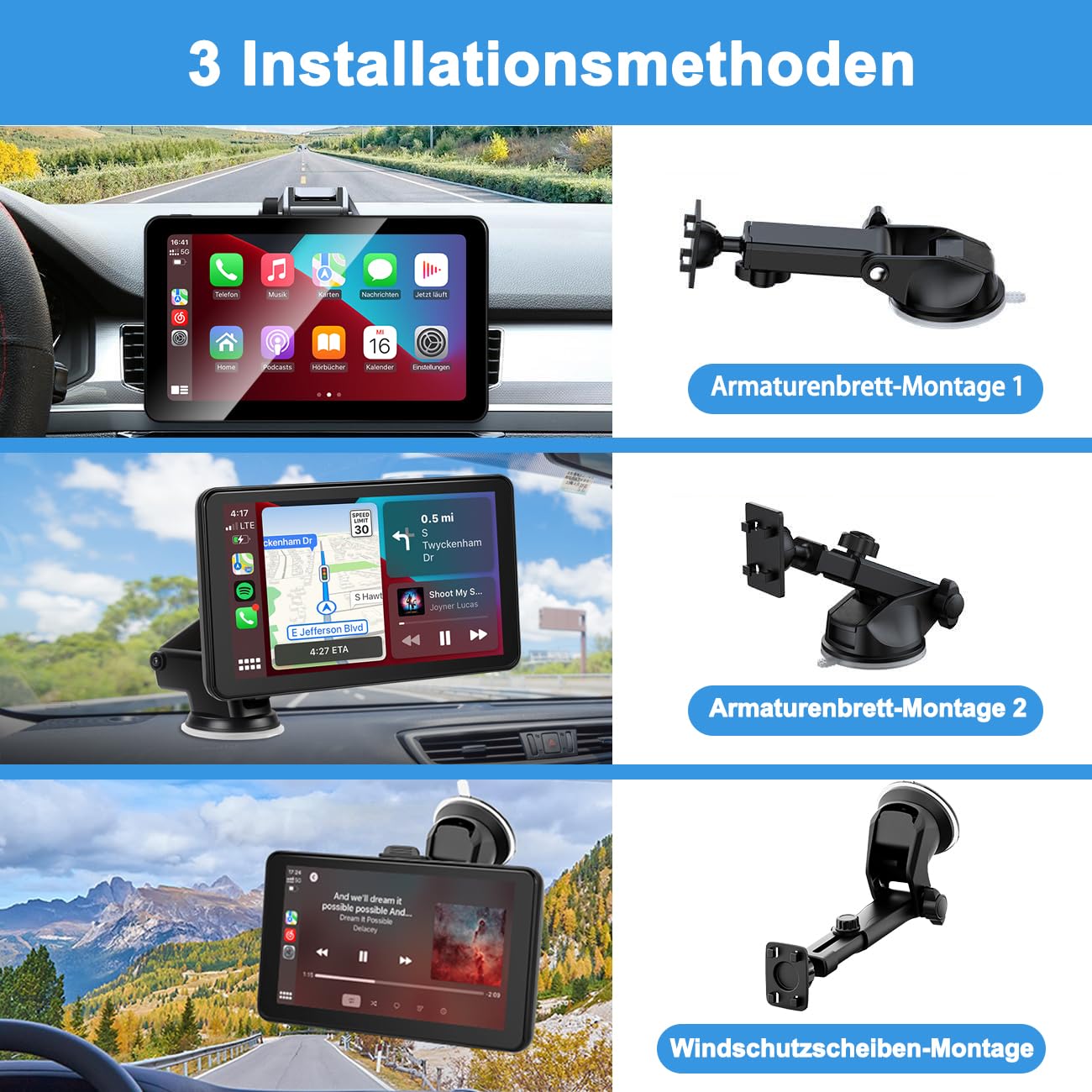 Tragbare CarPlay Display, Wireless Android Auto Monitor, IPS Touchscreen Bildschirm mit Bluetooth-Freisprecheinrichtung, Siri, Sprachassistent, Live-Navigation, MirrorLink, FM, AUX (7 Zoll)