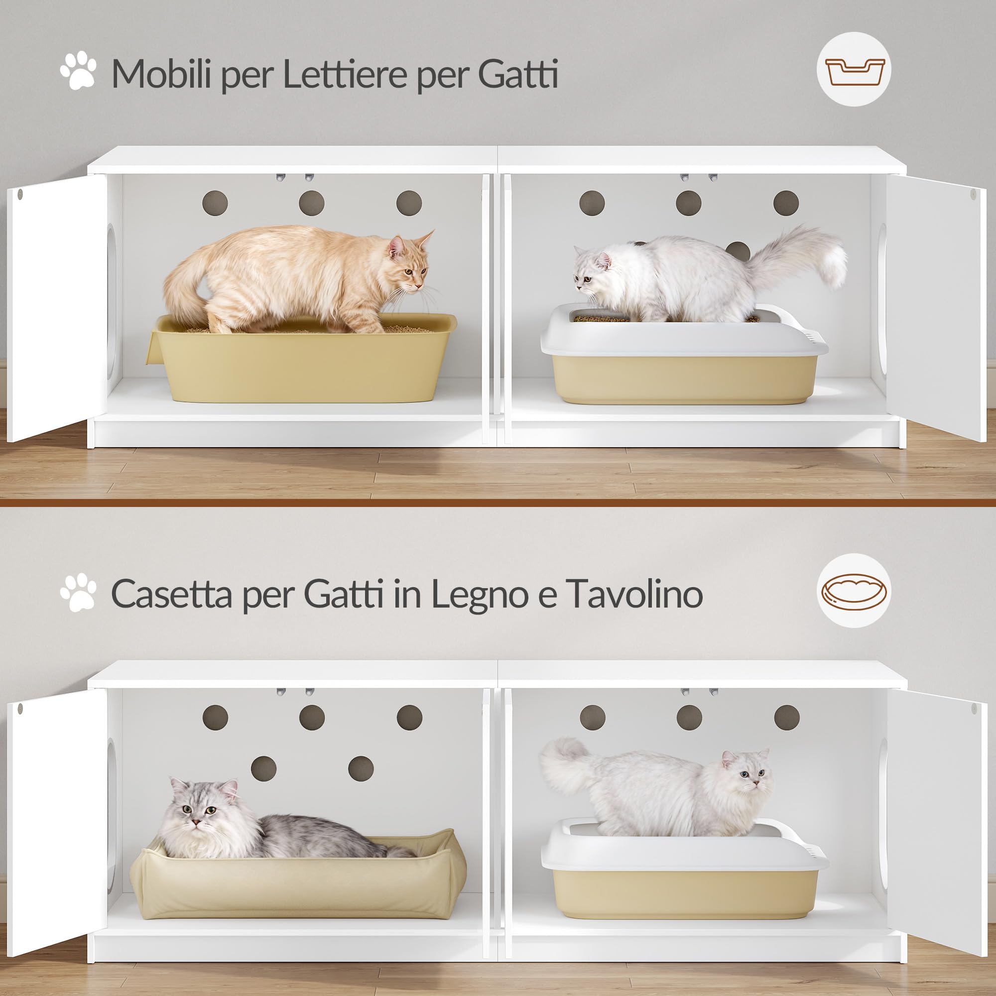 Mobile Lettiera per 2 Gatti, 120 x 50 x 51,5 cm, Bianco
