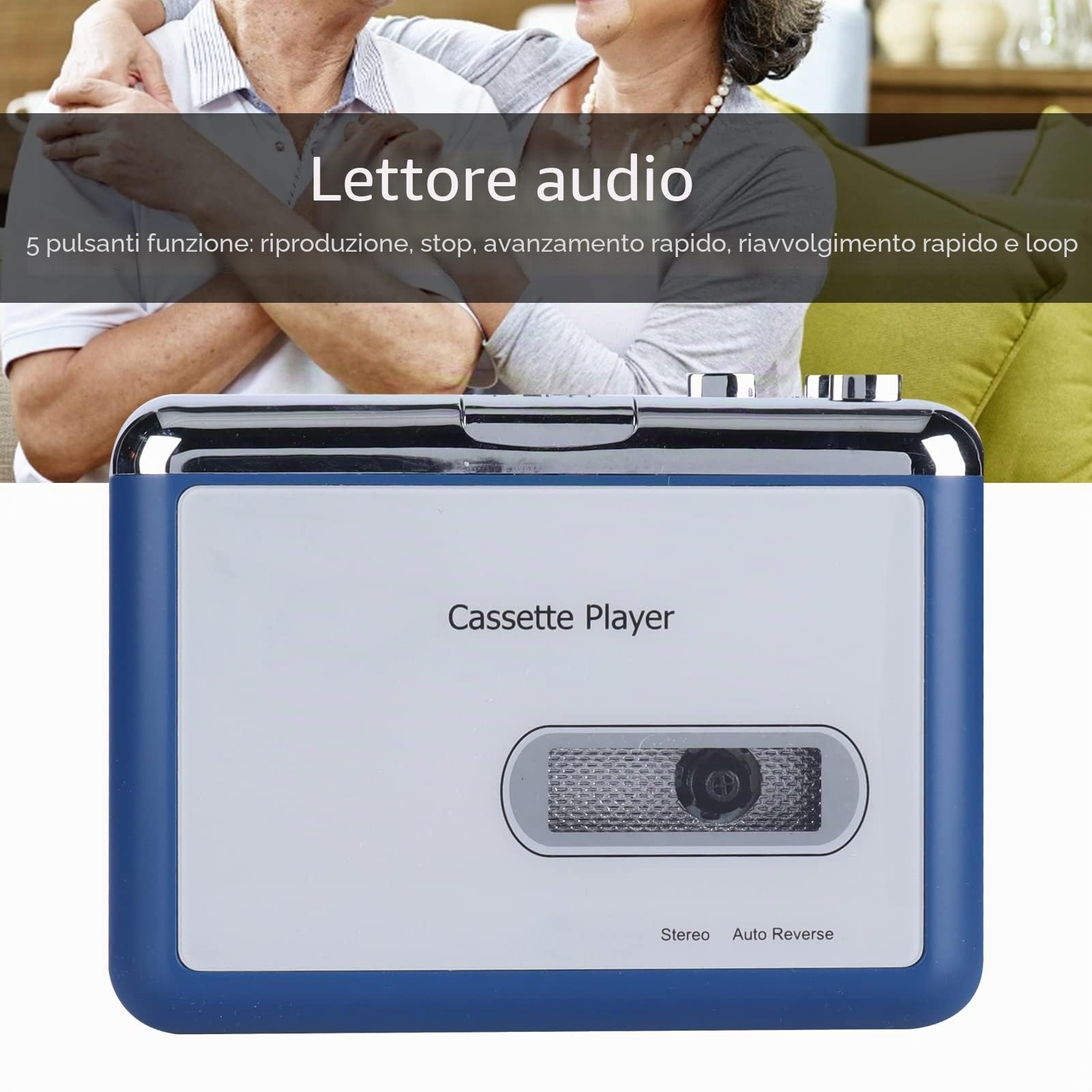 Lettore di Cassette Bluetooth, Lettore di Cassette con Inversione Automatica con Cinque Pulsanti Funzione, 2 Batterie AA/alimentazione USB, Manopola di Regolaz