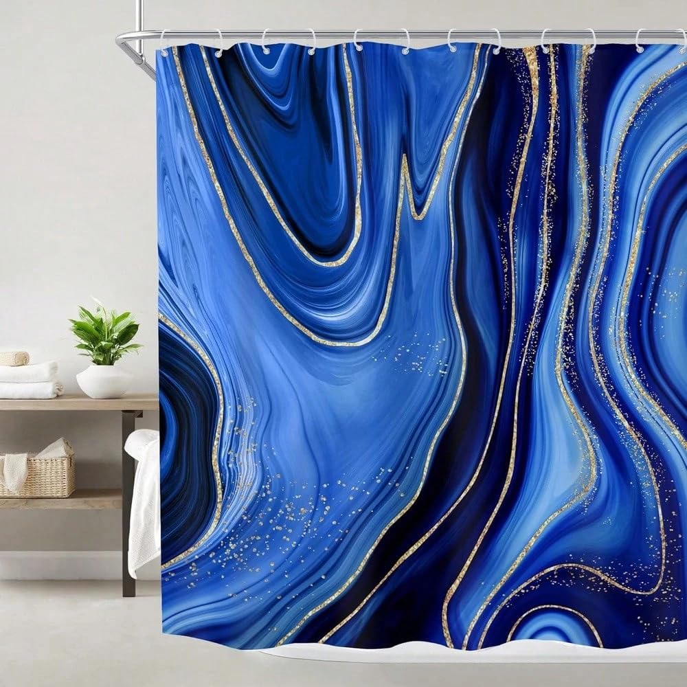 GLKSDLPO Modern Shower Curtain For Mens Bathroom - Navy Blue Gold Marble Abstract Ink, Minimalist Ombre Luxury Geometric, For Bathroom(260x200cm/102x79in(WxH)