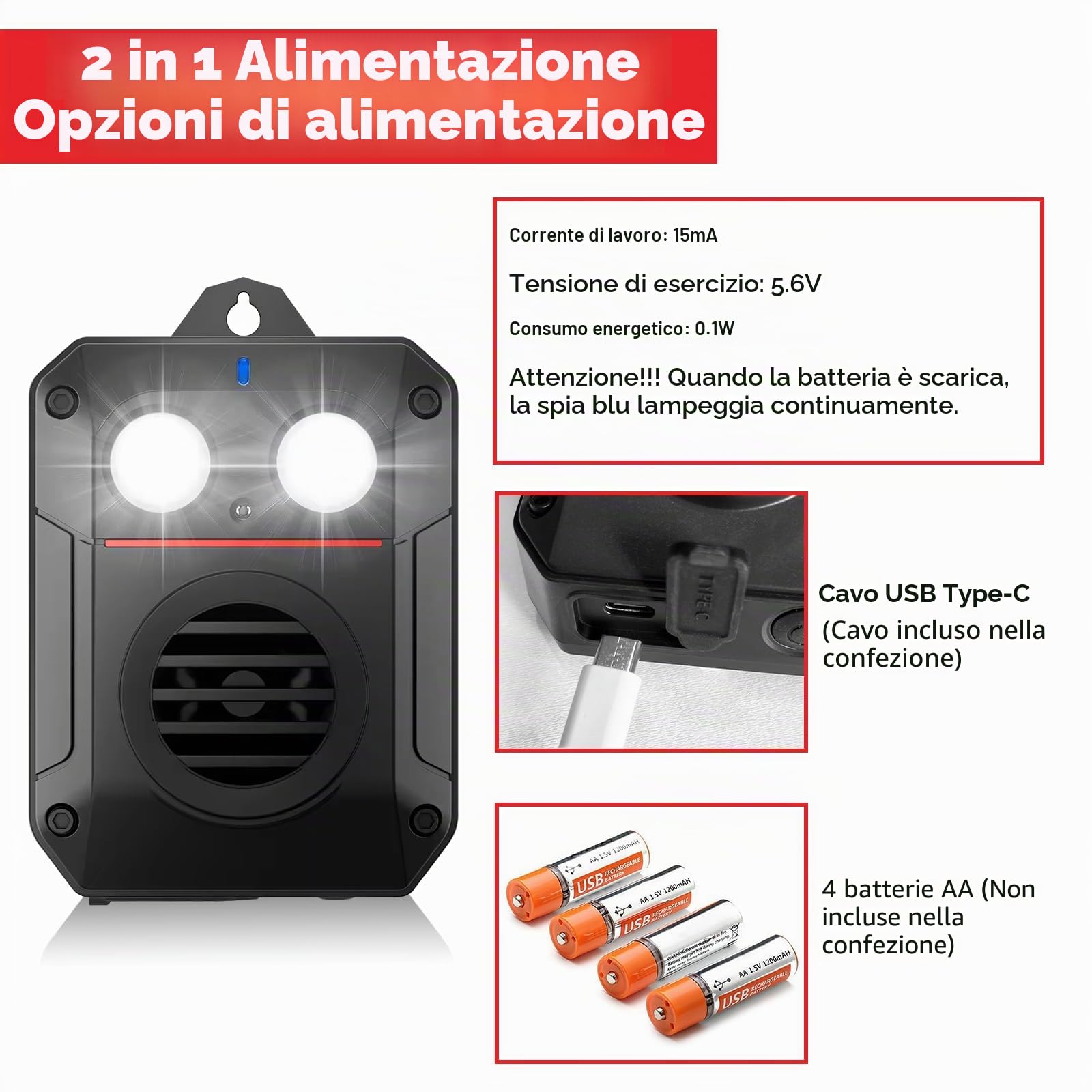 Ultrasuoni per Topi da Esterno Interno per Circa 200m², Repellente Topi & Martore con Luce Lampeggiante, Connessione USB o a Batteria, IP65 Dissuasore per Topi per Auto, Garage, Casa, Giardino