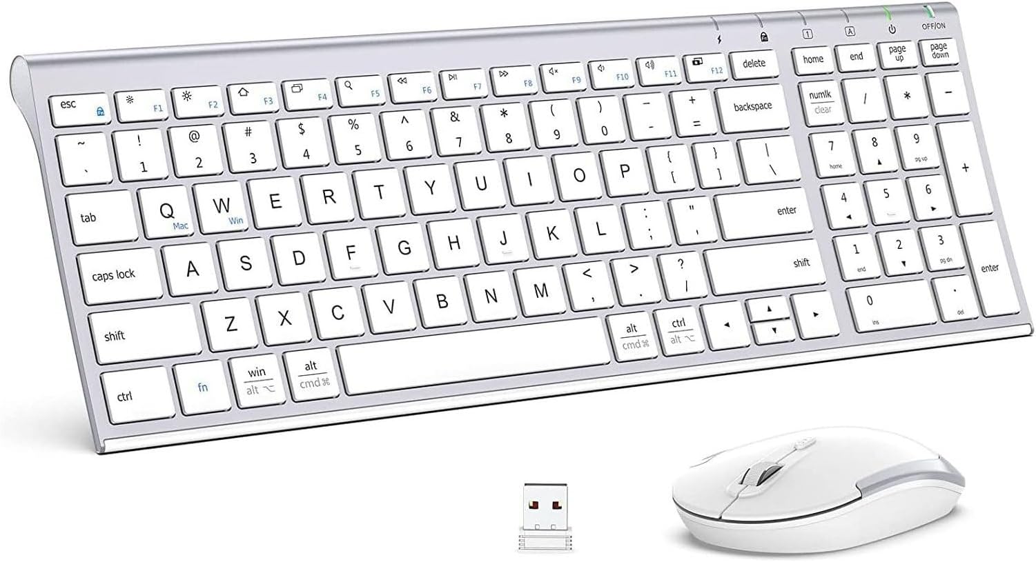 iClever Wireless Keyboard & Mouse Combo GK03-2.4G Portable Wireless Keyboard Mouse with Rechargeable Battery, Ergonomic Design, Full Size, Slim & Thin, Stable Connection, Adjustable DPI, Silver/White