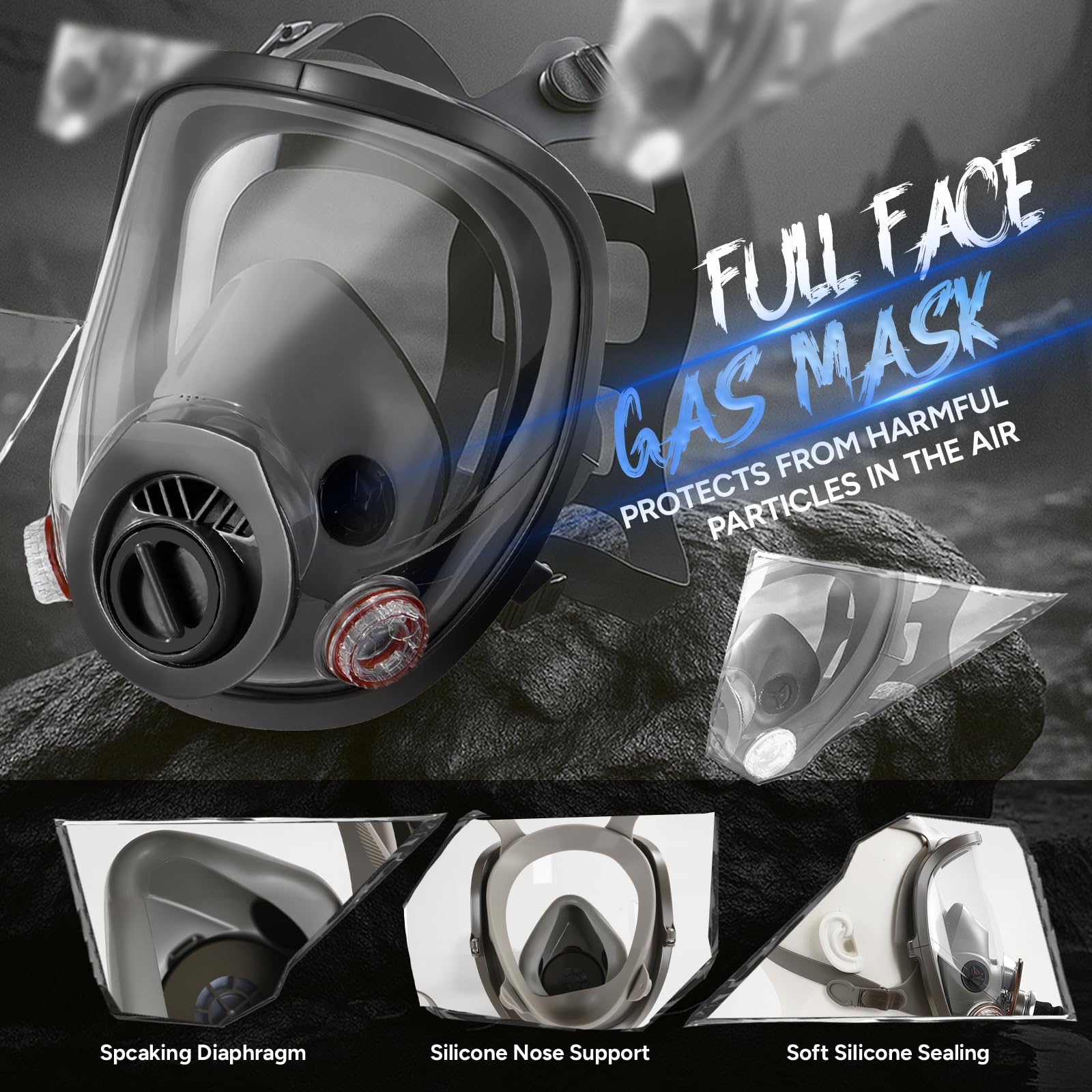 Vollgesichts-Atemschutzmaske mit Luftreinigung: Tragbare betriebene Atemschutzgasmaske mit 40 mm Aktivkohlefilter, nukleare und chemische Luftzufuhrmasken für Sprühfarbe, Gas, Industrie, Gebäude