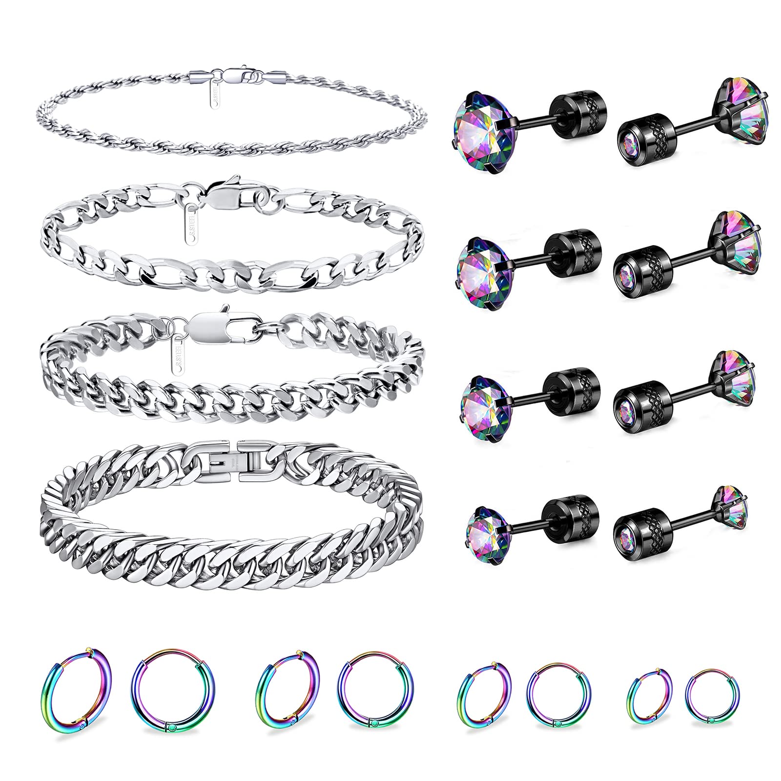 Ritach Stainless Steel Cuban Chain Bracelet And Titanium Screw Back Stainless Steel Stud and Hoop Earrings for Men Women