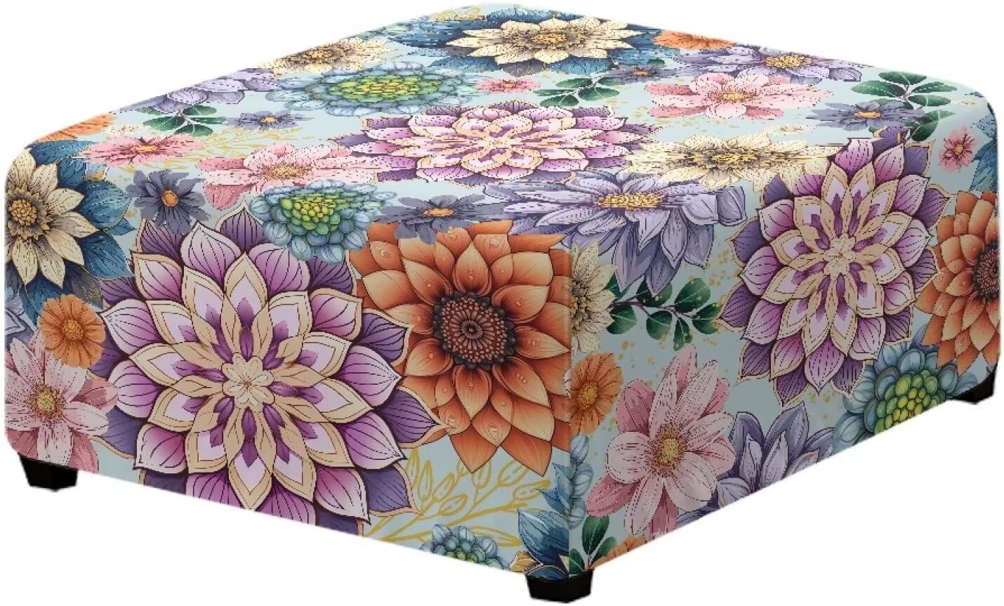 Boho Floral Stretch Ottoman Cover Square 29 x 29 Washable Footrest Stool Slipcover with Elastic Band for Square Storage Ottoman Coffee Table Large Non Slip Furniture Protector for Pets Kids