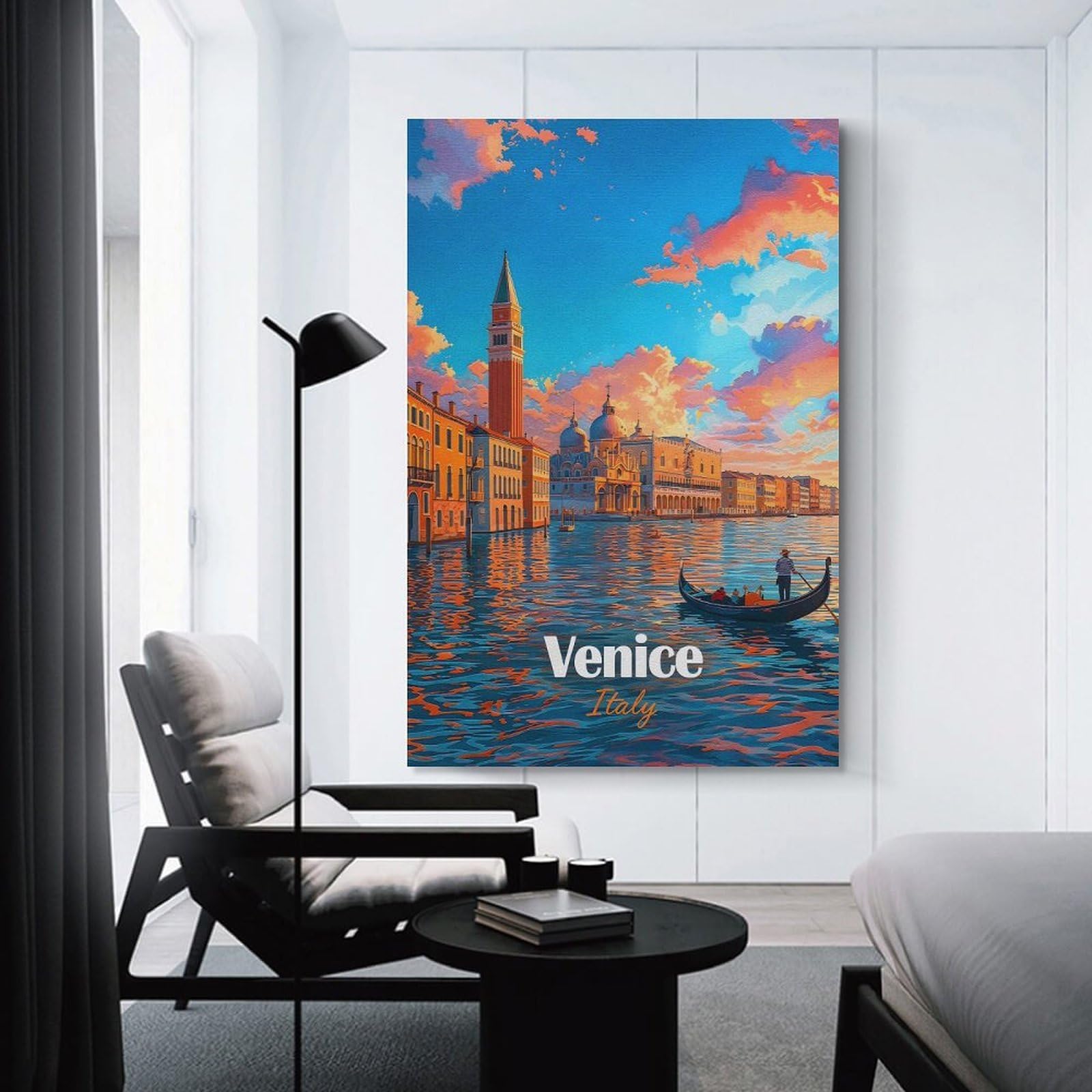 Junmoney Venice Italy Gondola Sunset Painting Canvas Wall Decor, 24x36inch(60x90cm), for Home Lounge, Bedroom Or Reading Nook, Modern Wall Decor for Cosy Interiors