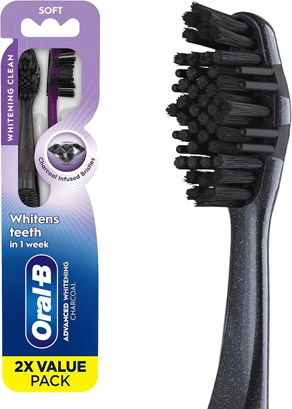 3D White Charcoal Toothbrush, 2 Count Soft Manual tootbrush Pack, Whitens Teeth, removes Plaque and Stains, Tongue Scraper Tooth Brush