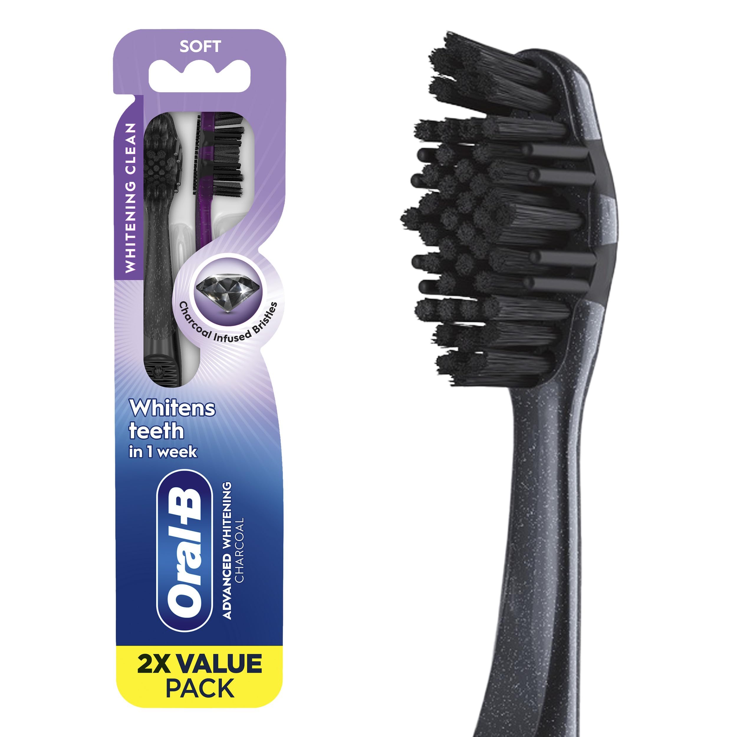 3D White Charcoal toothbrush, 2 count SOFT manual tootbrush pack, Whitens teeth, removes plaque and stains, tongue scraper tooth brush