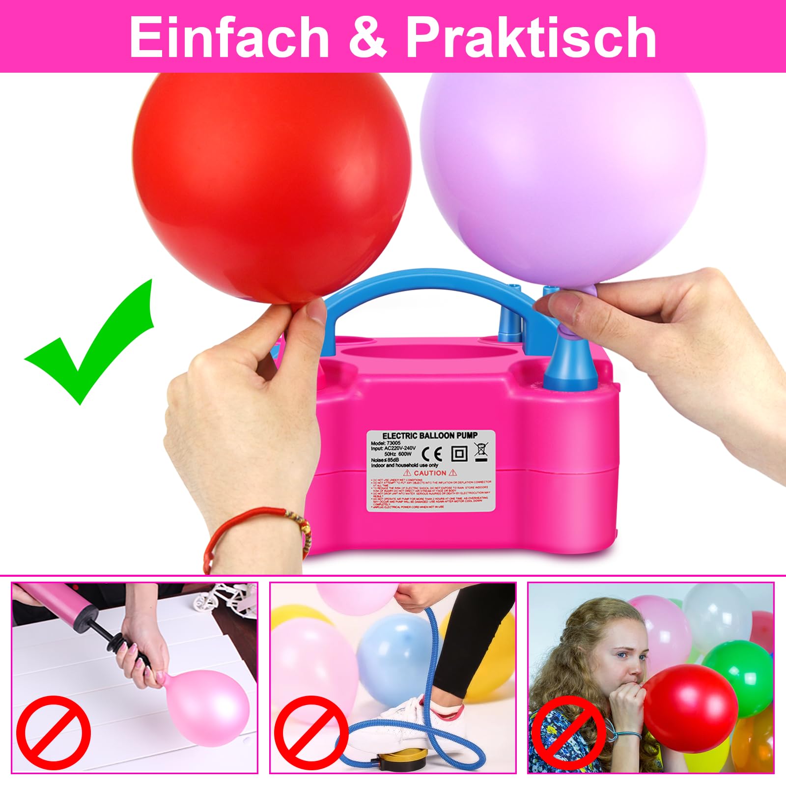 HELESIN Luftballonpumpe Elektrisch, 600W Ballonpumpe Elektrisch, Tragbar Balloon Pump mit 2 Inflationsmodi, Luftballon aufblasgerät für Geburtstag Deko, Party Deko, Weihnachten Deko