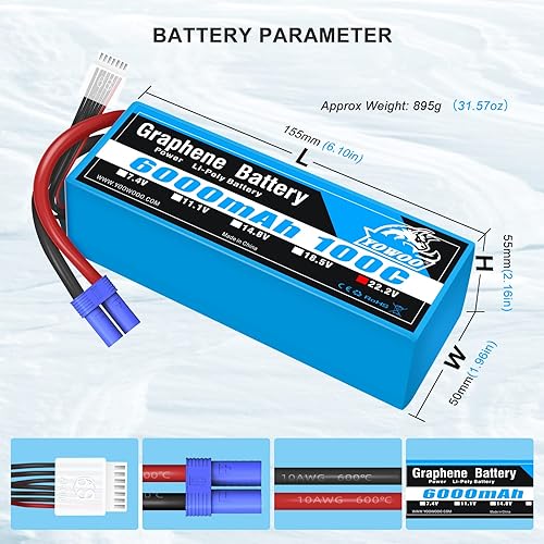 Miniatura 3 de Yowoo 6S 100C 6000mAh 22.2V Lipo Batería con EC5 Plug RC Graphene Lipo para Arrma Mojave EXB Mikado LOGO500 Align T-REX550 600GAUI X5 Outrage 550