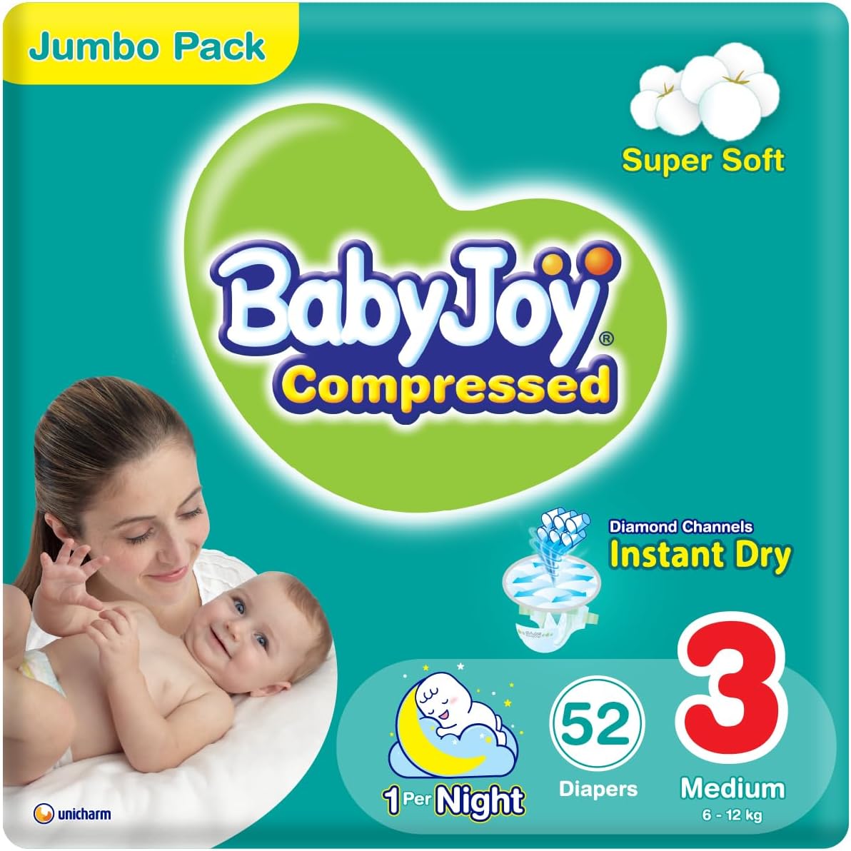 Babyjoy Compressed Diamond Pad Diaper, Jumbo Pack Medium Size 3, Count 52, 6-12 Kg