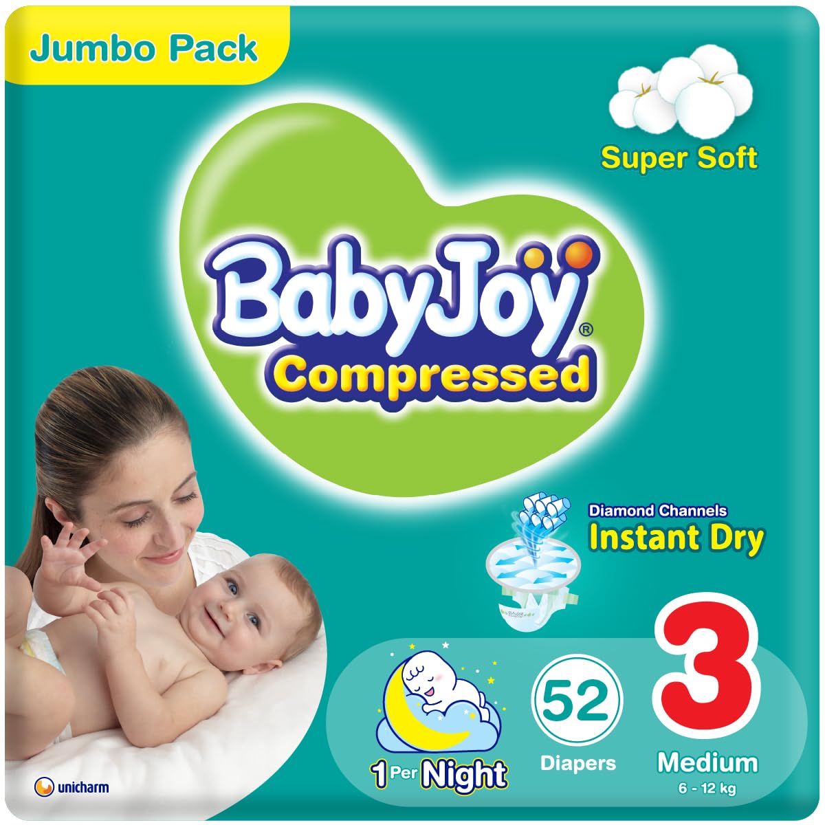 Compressed Diamond Pad Diaper, Jumbo Pack Medium Size 3, Count 52, 6 - 12 Kg