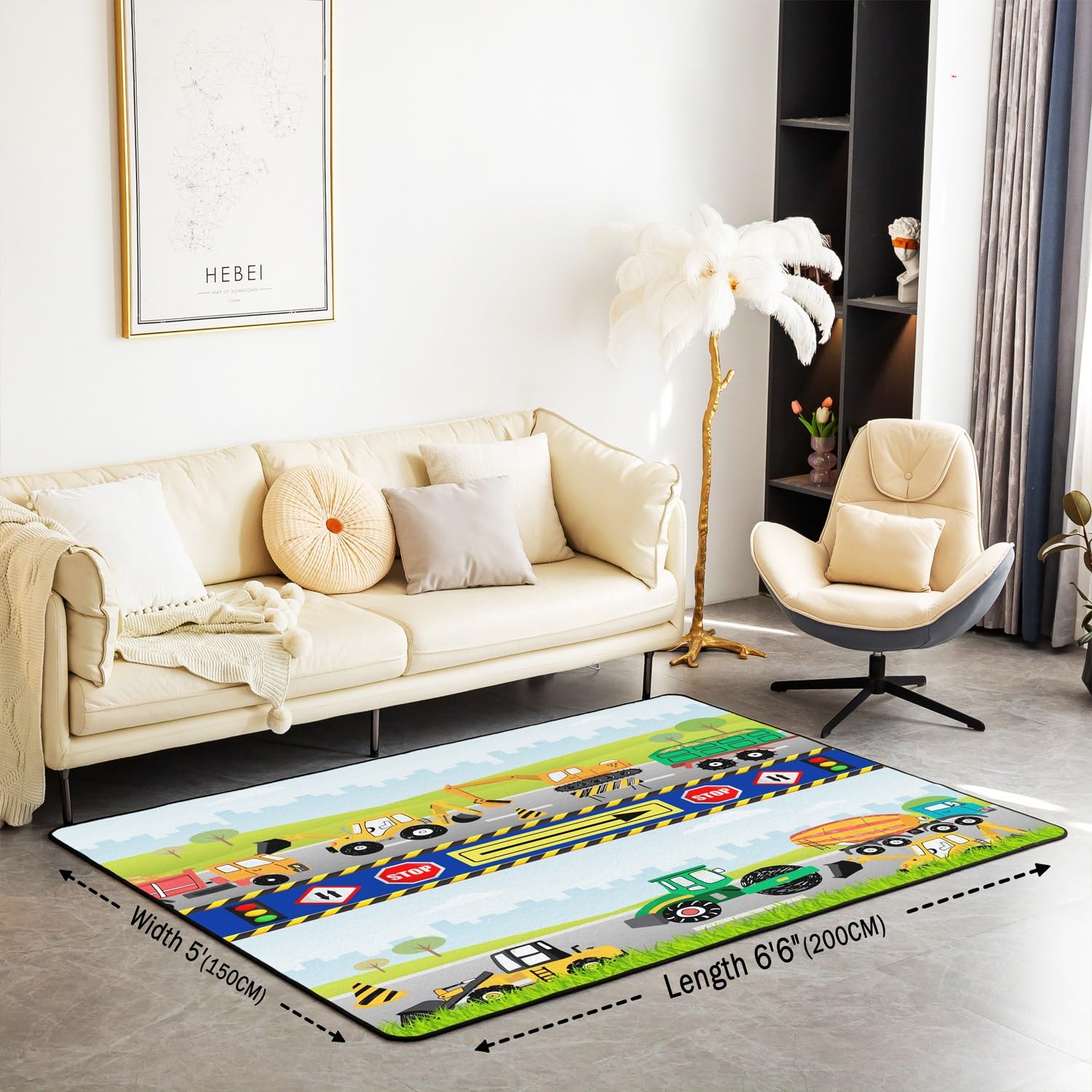 Loussiesd Tappeto con escavatore per bambini, per macchinari, trattori, camion, soggiorno, set di tappeti da costruzione, carino, tappeto decorativo per la scuola, auto, veicolo d'accento, tappeto 150