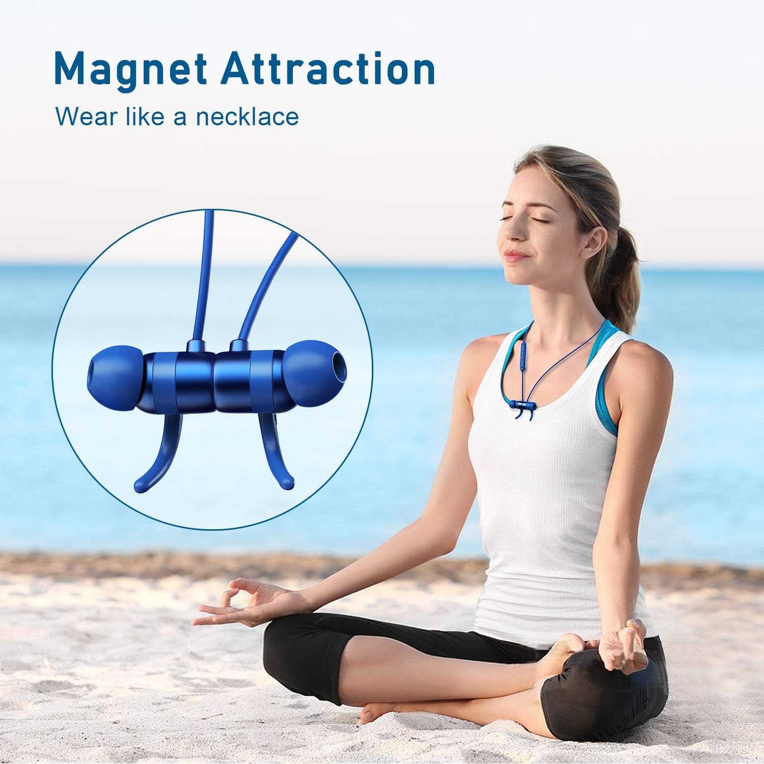 Woman meditating with RCA BT710 headphones worn around neck via magnetic attraction.