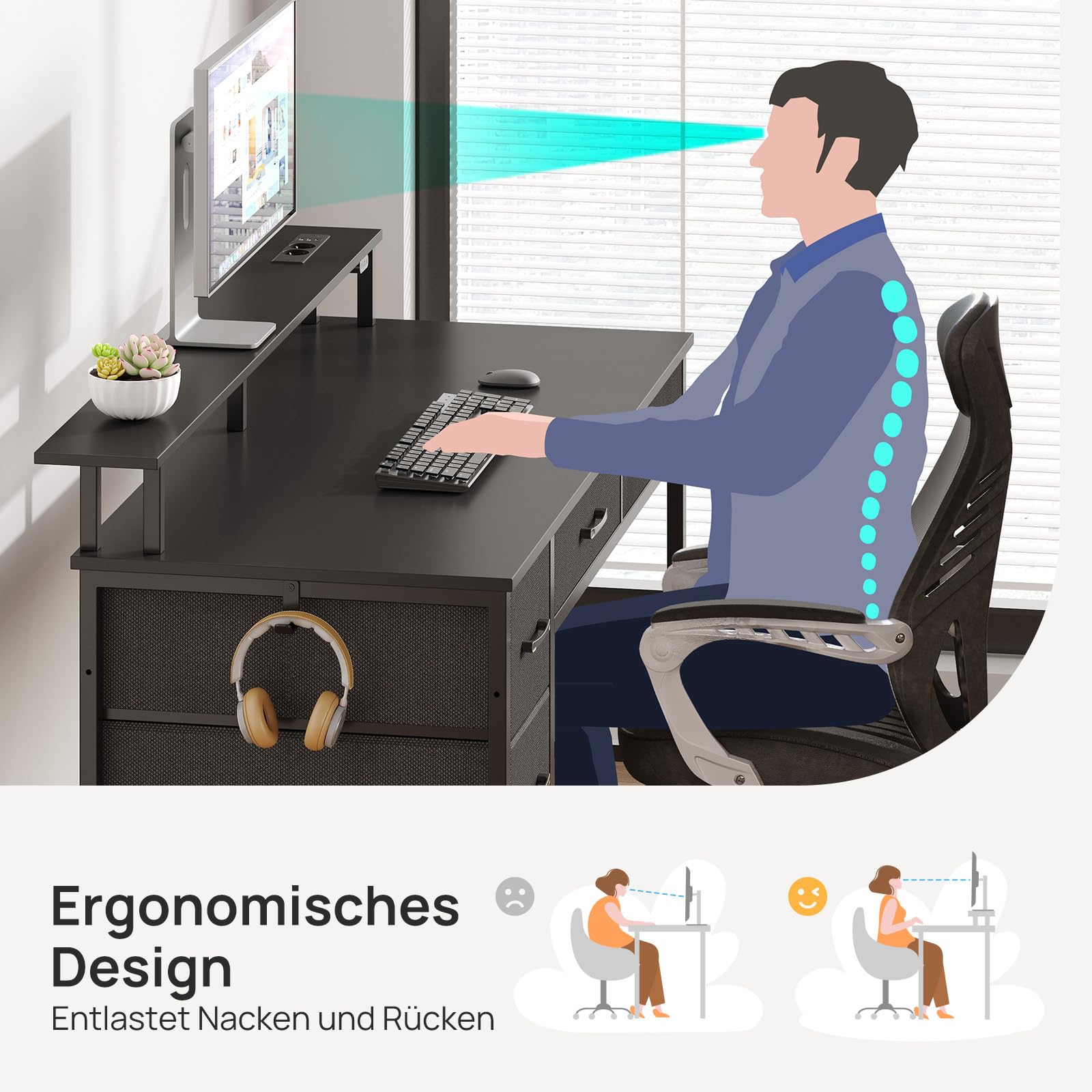 Rolanstar Schreibtisch mit 5 Schubladen, Computertisch mit Steckdosen, Gaming Tisch mit LED-Beleuchtung, Monitorständer, für Homeoffice, Schlafzimmer, Wohnzimmer, Büro (Schwarz, 140)