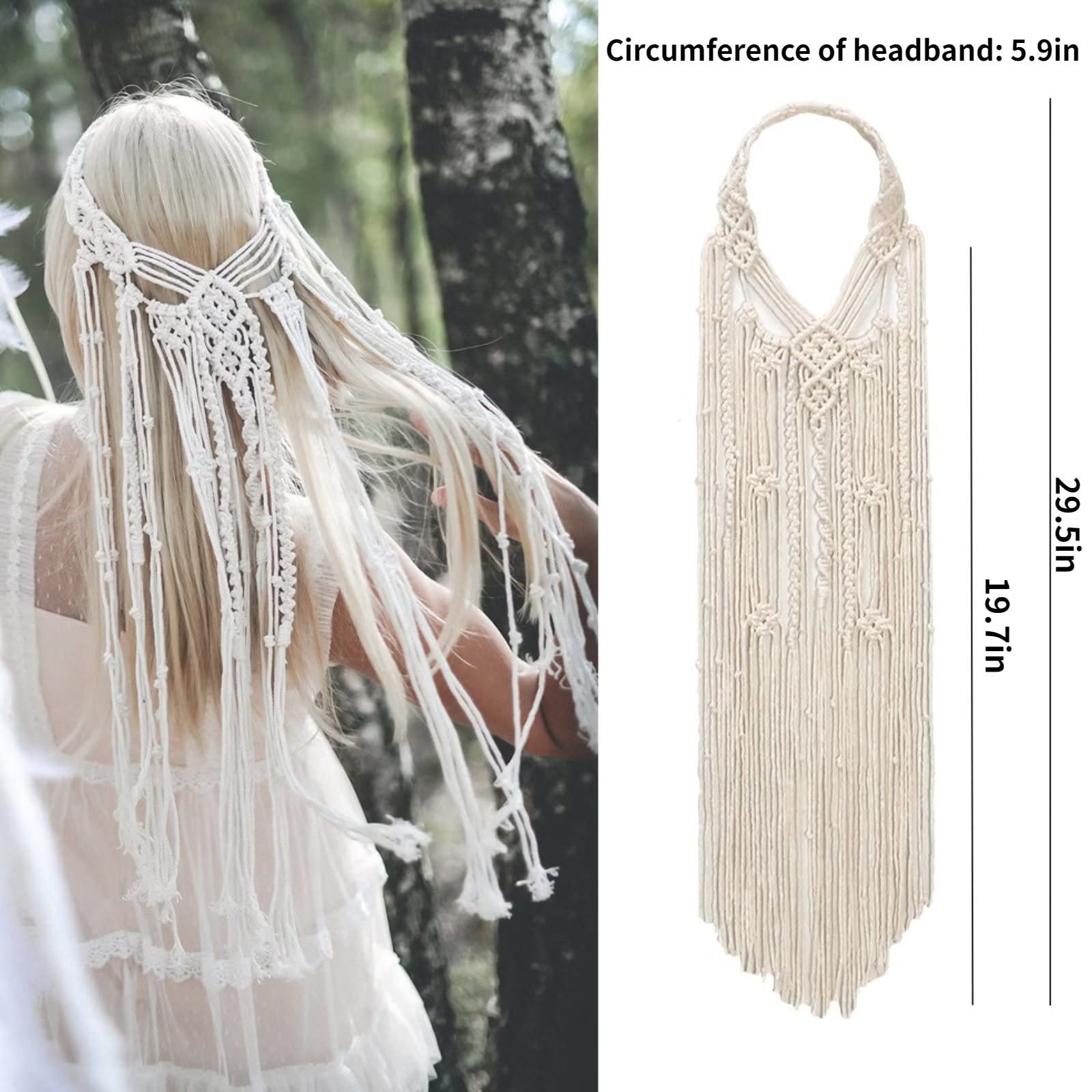 Fasce di nappe bohémien, velo da sposa Macrame bianco Boho Hippie Feather Headband Accessori per capelli da sposa per donne e ragazze