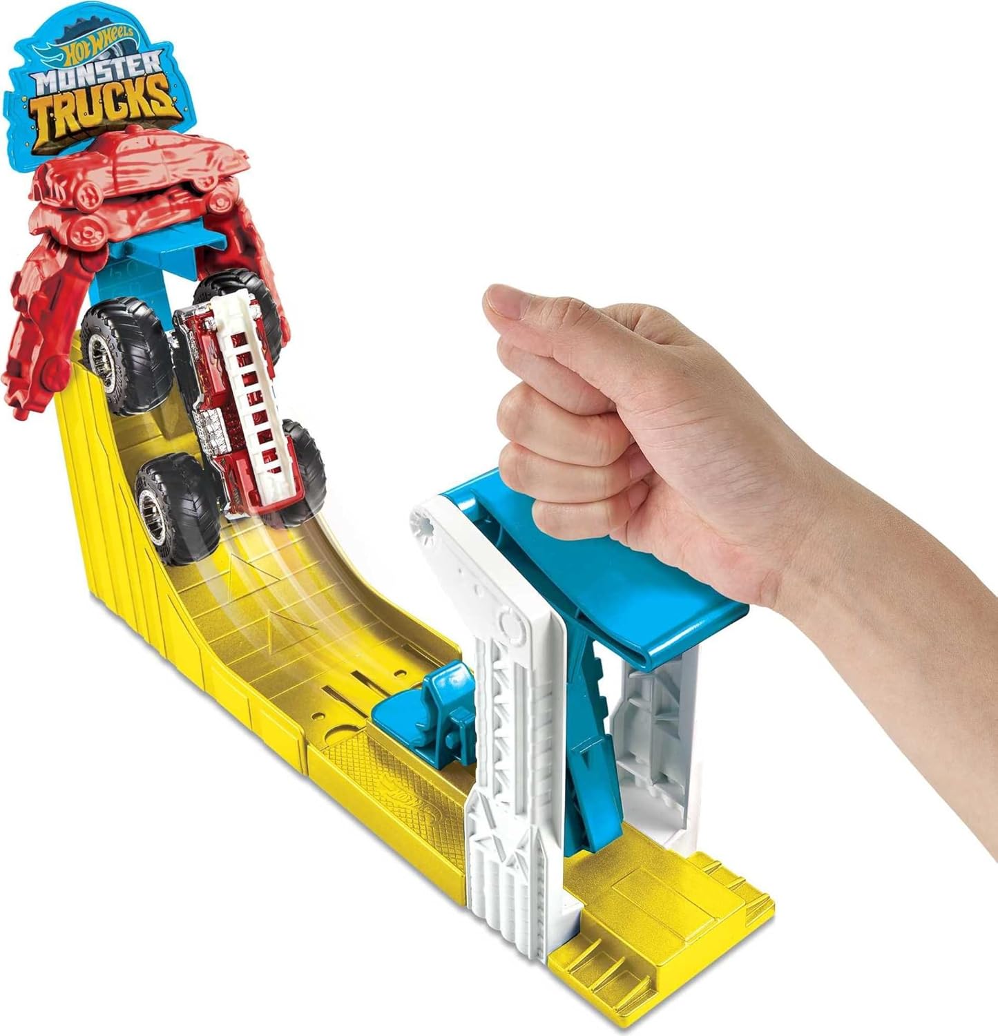 Hot Wheels Monster Trucks Big Air Breakout Play Set with 5 Alarm 1:64 Scale die-cast Metal Body Monster Truck 4 Plastic Crushed Cars 1 Slam Launcher and Ramp for Vertical Crashing for 3-7 Year Olds
