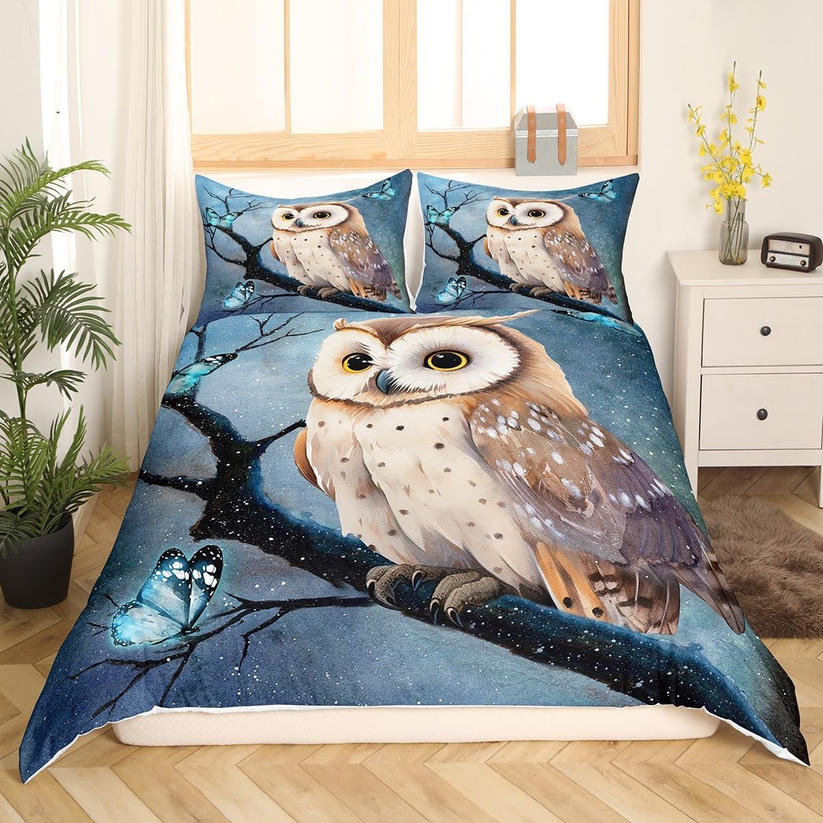 Erosebridal Owl Bedding Set Boho Owl Print Comforter Cover for Boys Girls Exotic Watercolor Animal Duvet Cover for Toddler Newborn, Butterfly Bird Animal Decor Bedspread Cover Room Decor Queen