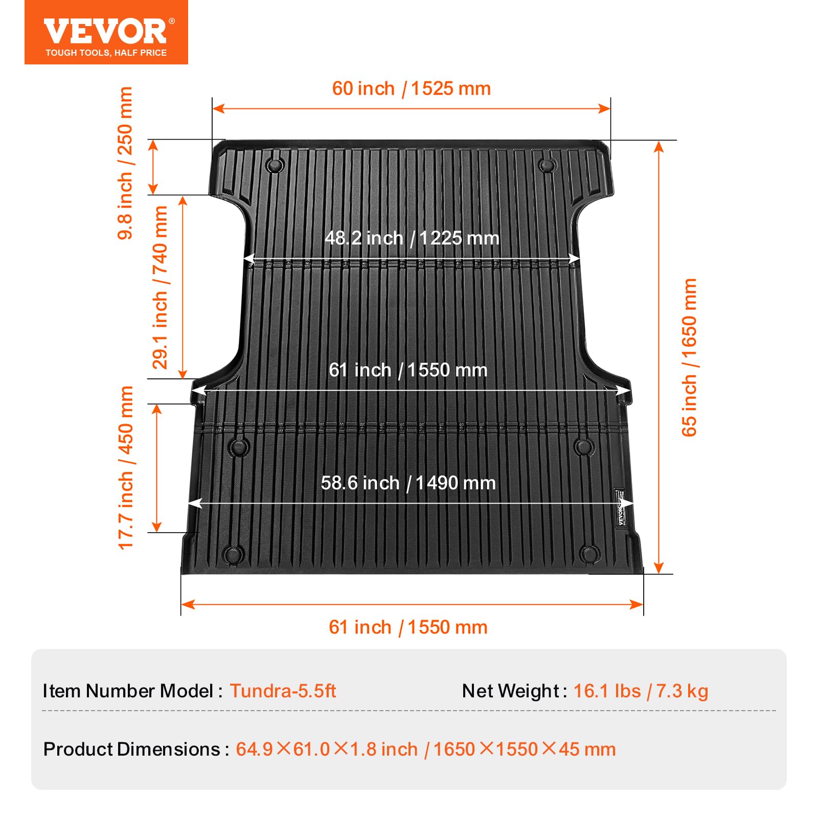 VEVOR Tappetino per Cassone di Camion, Compatibile con Toyota Tundra 2022-2024, Tappetino per Cassone Resistente per Cassoni 167,64 cm Accessori per Auto, Protezione in Tutte Condizioni Atmosferiche