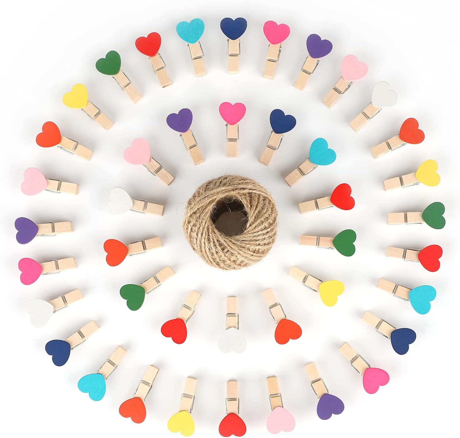 jijAcraft 100Pcs Clothespins with String, 1.4Inch Wooden Clothes Pins with Heart, 10 Colors Heart Clips, Mini Photo Clips with 98Ft Jute Twine, Craft Clip for Baby Shower, Wedding, Birthday