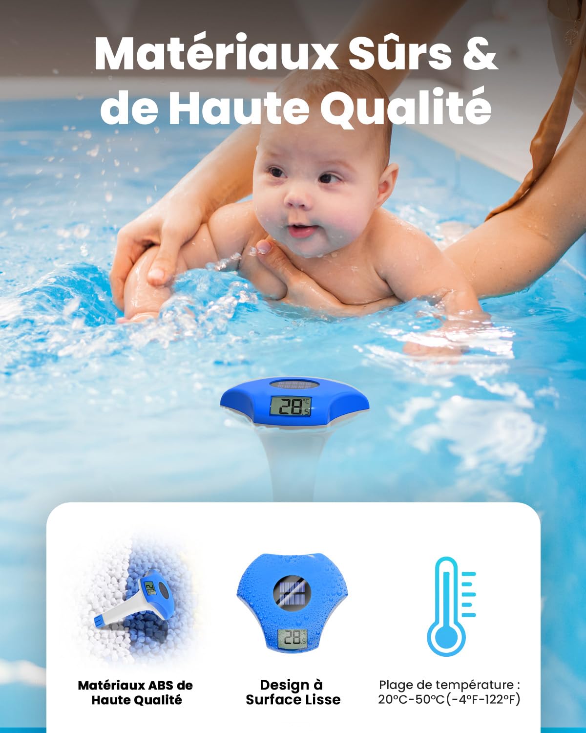 BALDR Thermometre Piscine flottant, à énergie solaire, étanche IPX8, convient pour piscine/jacuzzi/source d'eau chaude/aquarium (bleu profond)