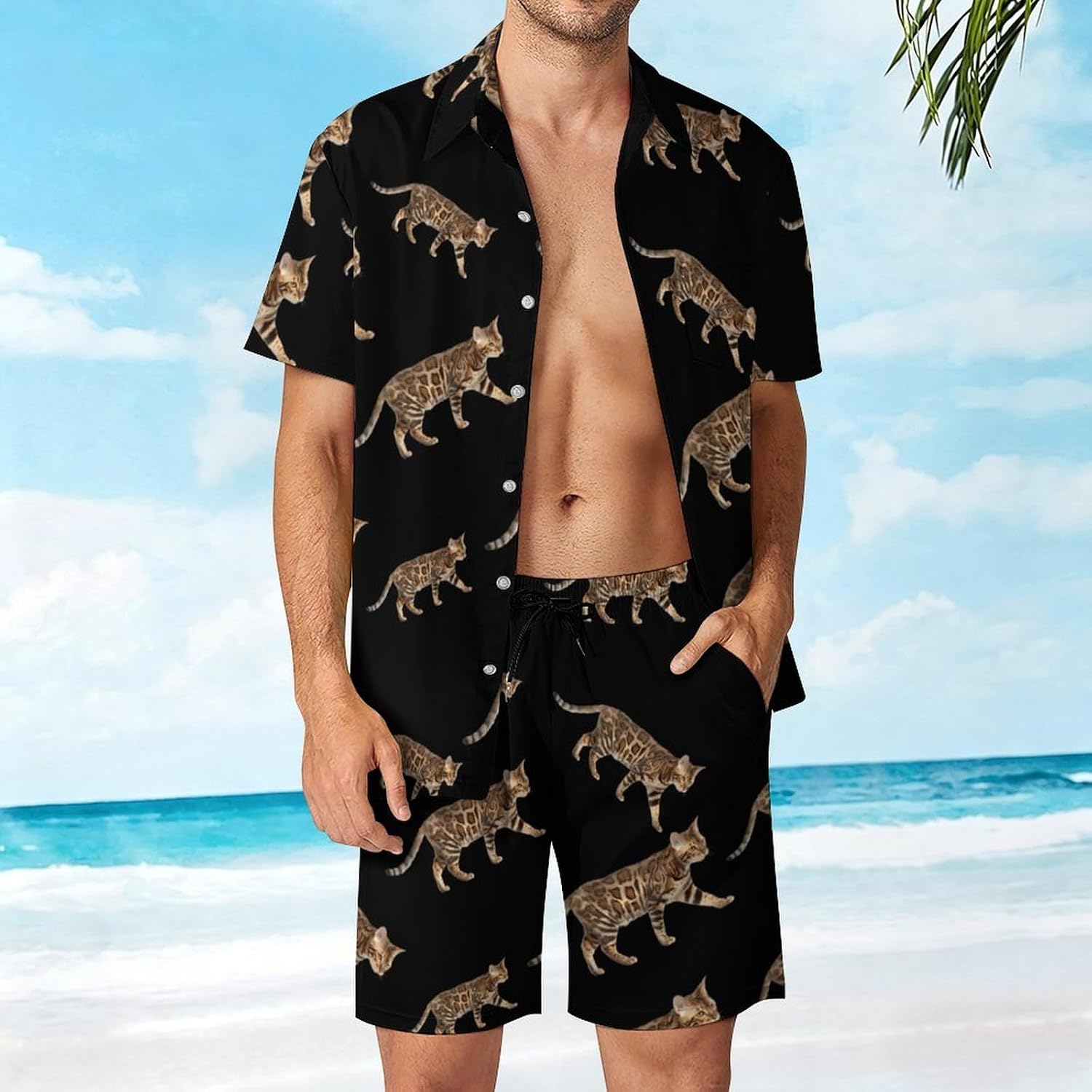 Bengal Cat Summer Mens Vacation Outfits Beach Shirts Shorts Matching Set