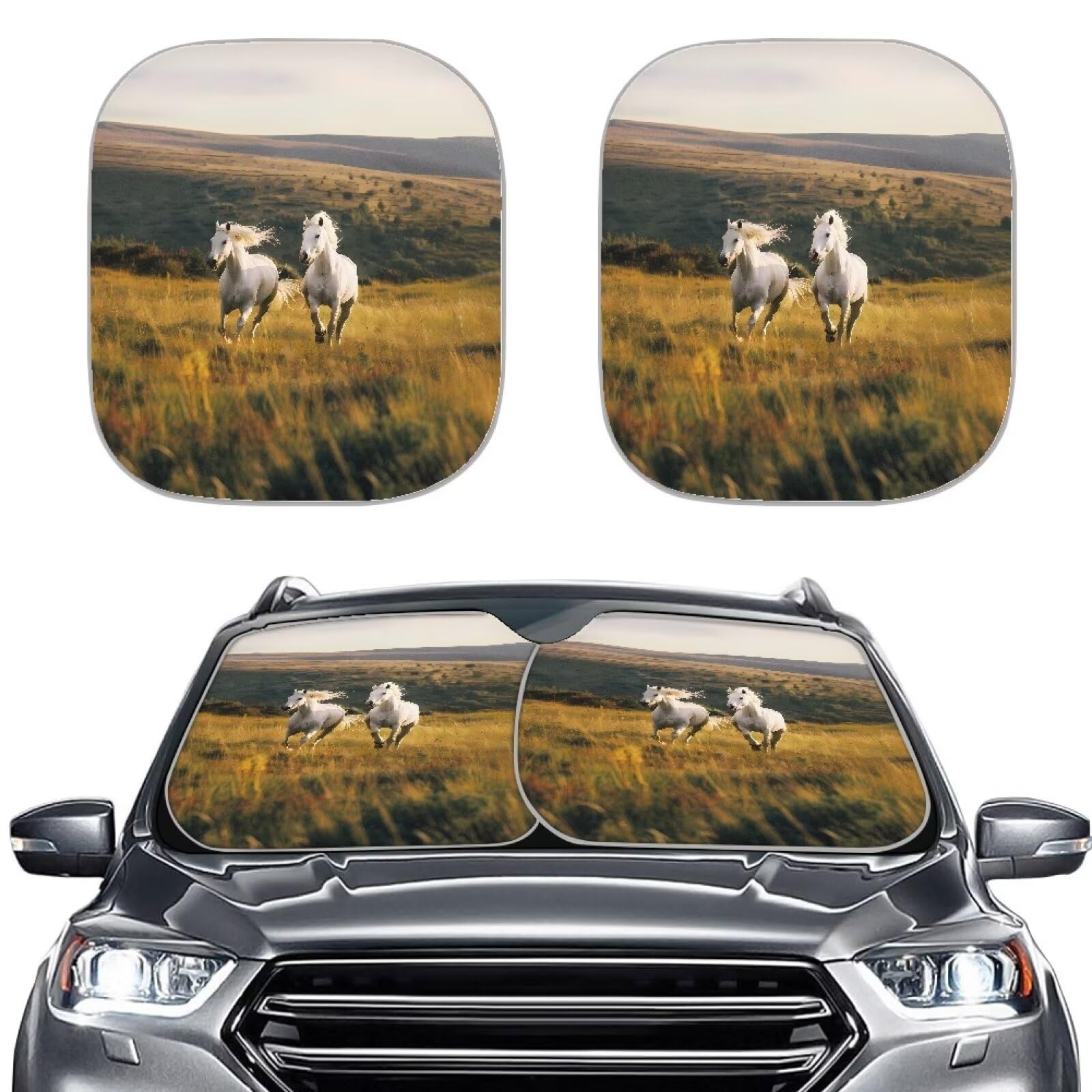Running White Horse Print Car Sun Shade for Front Windshield, 2 Piece Universal Fit SUV Truck Anti-UV Vehicle Decoration Accessories