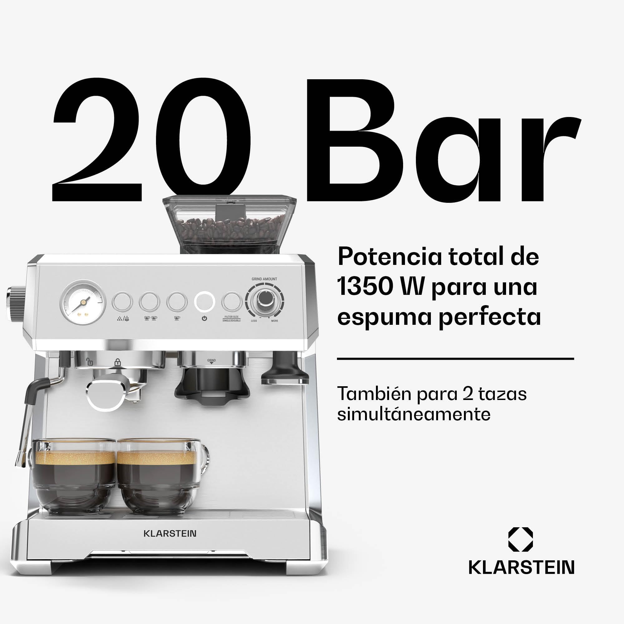 KLARSTEIN GrandPresso Cafetera Exprés 20 Bares - Molinillo Integrado, Boquilla de Vapor, 2,3L, Cafetera Barista, Espresso y Capuchino, Fácil de Usar y Limpiar