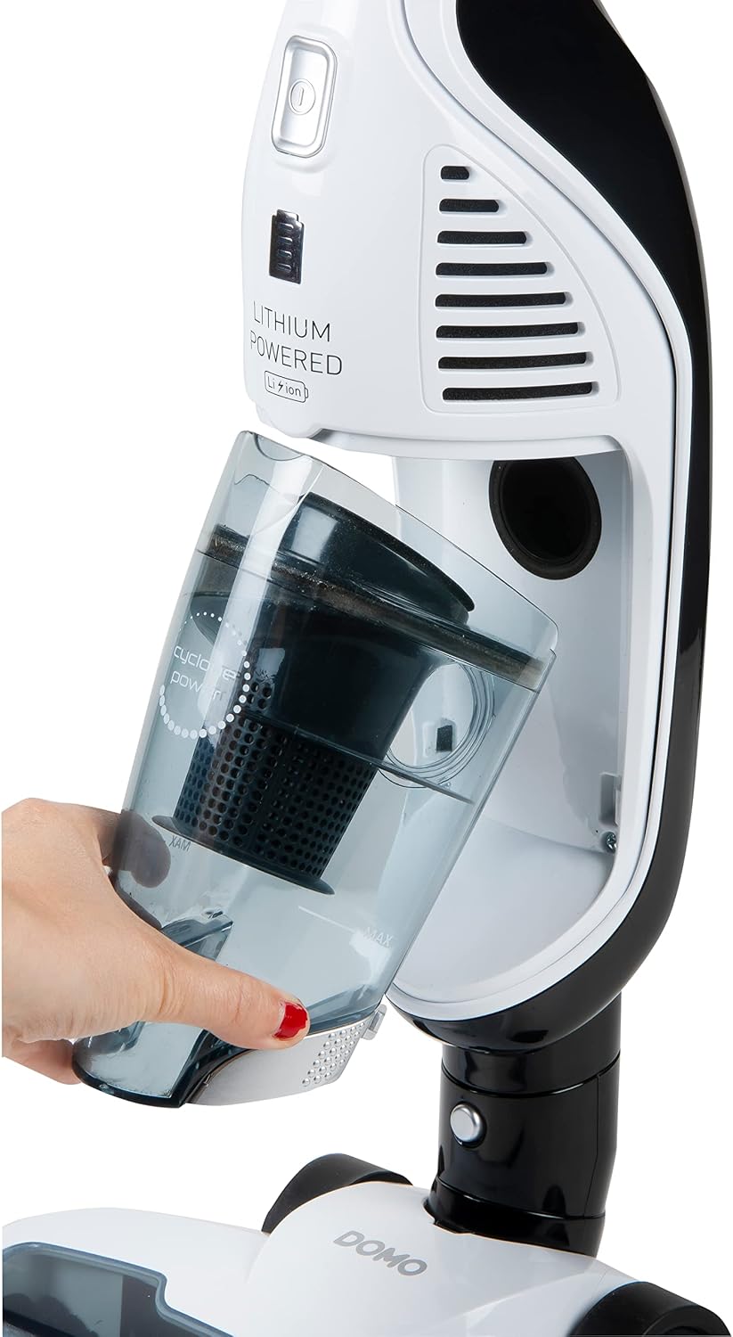 Hand removing dustbin from DOMO DO217SV handheld vacuum