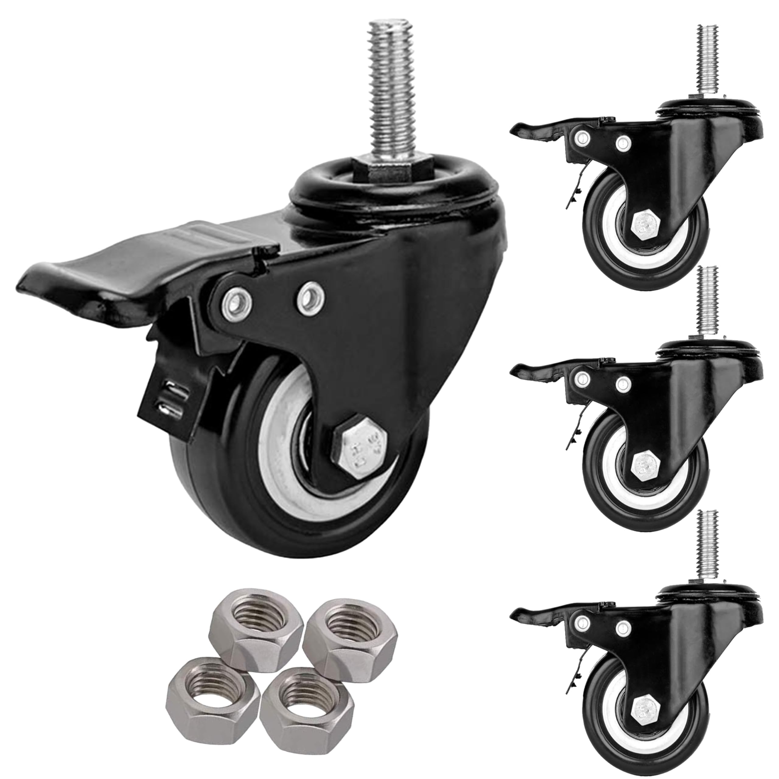 Set di 4 ruote con perno filettato da 2 pollici M10 (diametro 10 mm, lunghezza 25 mm), ruote di sicurezza silenziose con freno, ruote industriali per scaffalature in filo metallico, carrelli e mobil