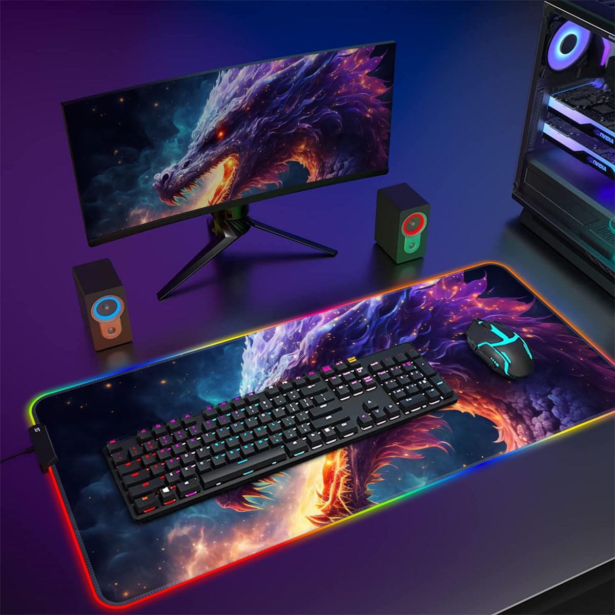 Tappetino per mouse RGB Gaming XXL, grande LED, 7 colori e 4 modalità di effetto, fondo in gomma antiscivolo, per MacBook PC anziano Dragons Galaxy 15,7 x 35,4 pollici