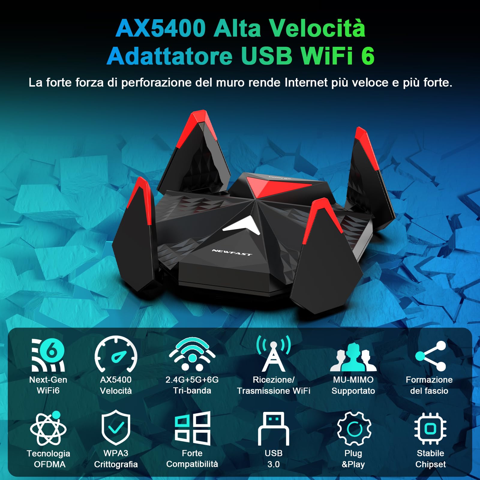 5400Mbps Chiavetta WiFi per PC Fisso Tri-Banda 2.4G/5G/6Ghz Adattatore di Rete Wireless WiFi 6E, WiFi USB per per PC/Desktop/Laptop, Antenna WiFi Dongle Alto Guadagno Supporta Windows 11/10