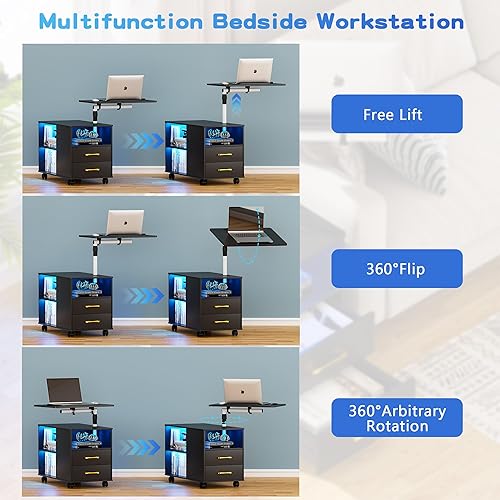 Miniatura 52 de HNEBC Mesita de noche con estación de carga inalámbrica, la mesita de noche LED tiene una estación de trabajo giratoria ajustable, mesita de noche 1