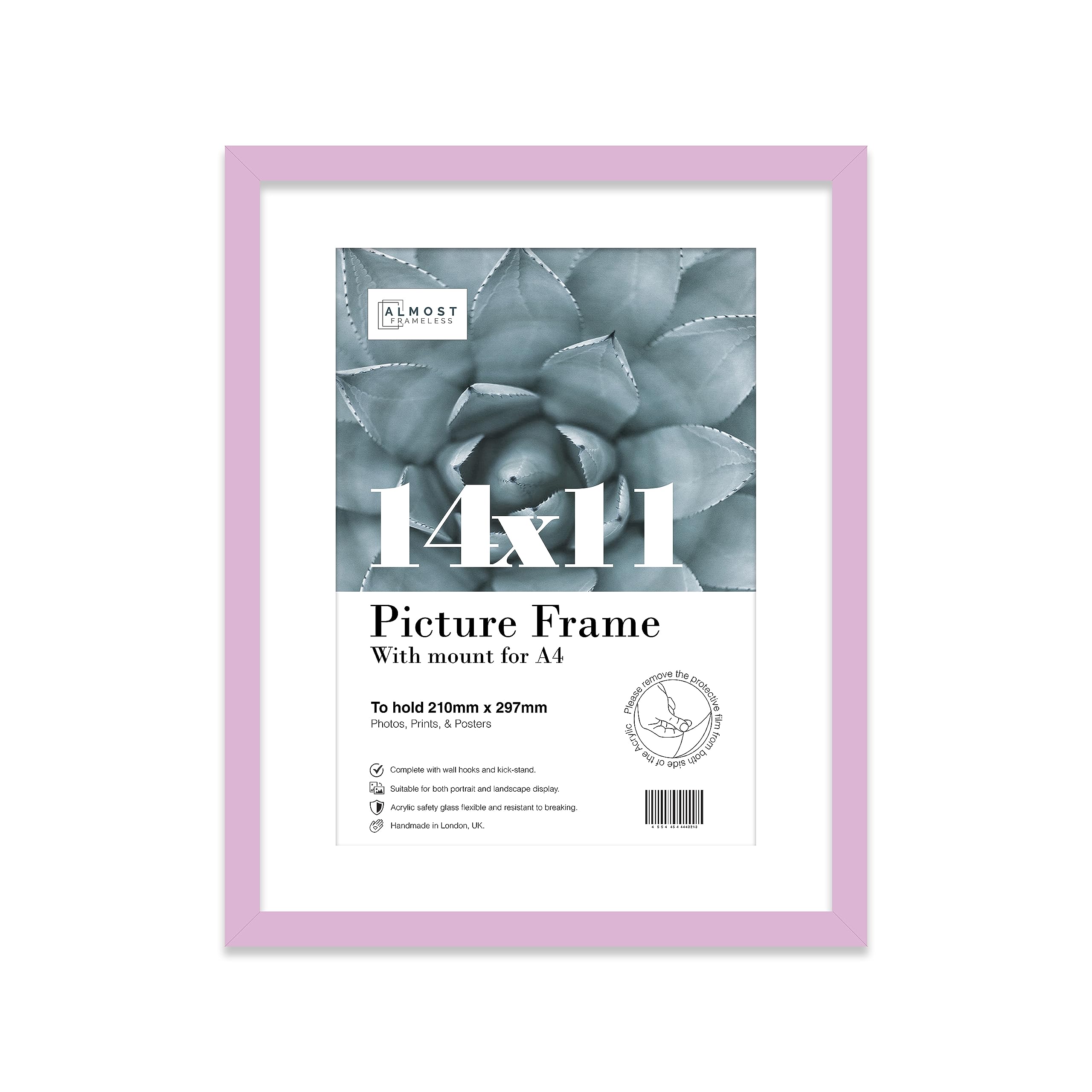Almost Frameless 14x11 Lilac Picture Frame With Mount for A4 Print, Poster or Photo Poster, Photo, Artwork, or Print. Thin Edge Slim Frame Portrait and Landscape Display with Wall Hooks