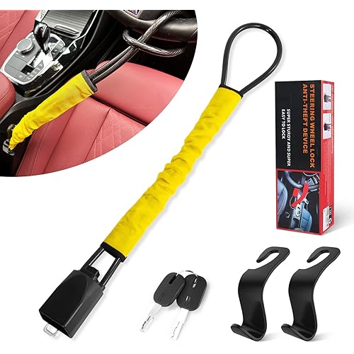 Steering Wheel Lock, Universal Seat Belt Lock, Steering Wheel Lock Anti-Theft Device, The Club Steering Wheel Lock, Wire Cable Lock Car Lock Safety fit Most Cars SUV Van Golf Cart Security (Yellow)