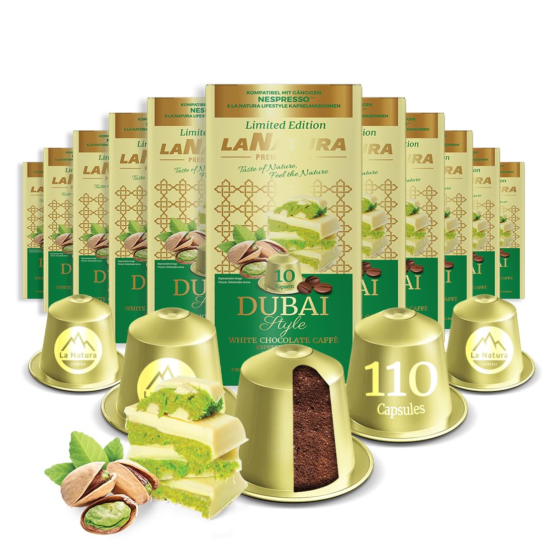 La Natura Lifestyle Dubai Weiße Schokolade Kaffeekapseln – 110 Stück, Aluminium Kapseln, cremig-süßes Aroma, kompatibel mit Nespresso Original Line Maschine
